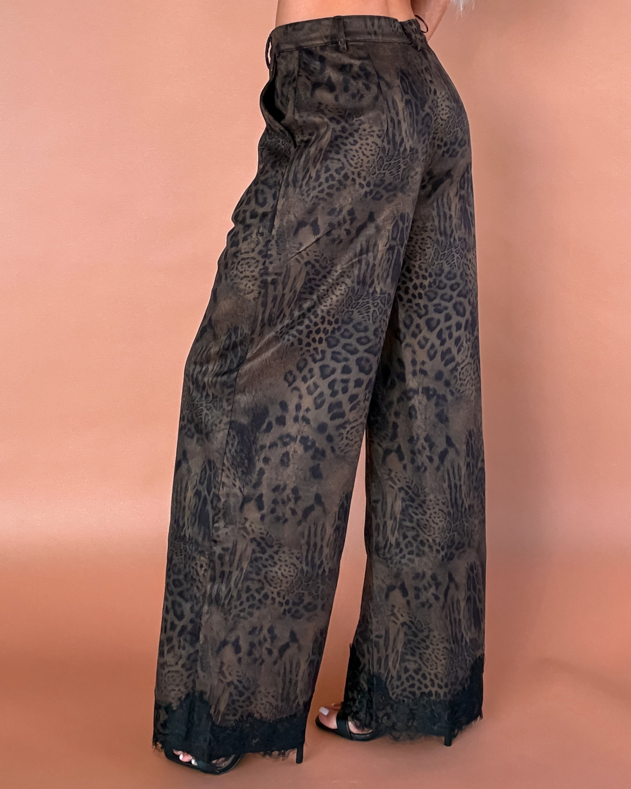 Fierce in Suede Leopard Lace Pants - Chocolate