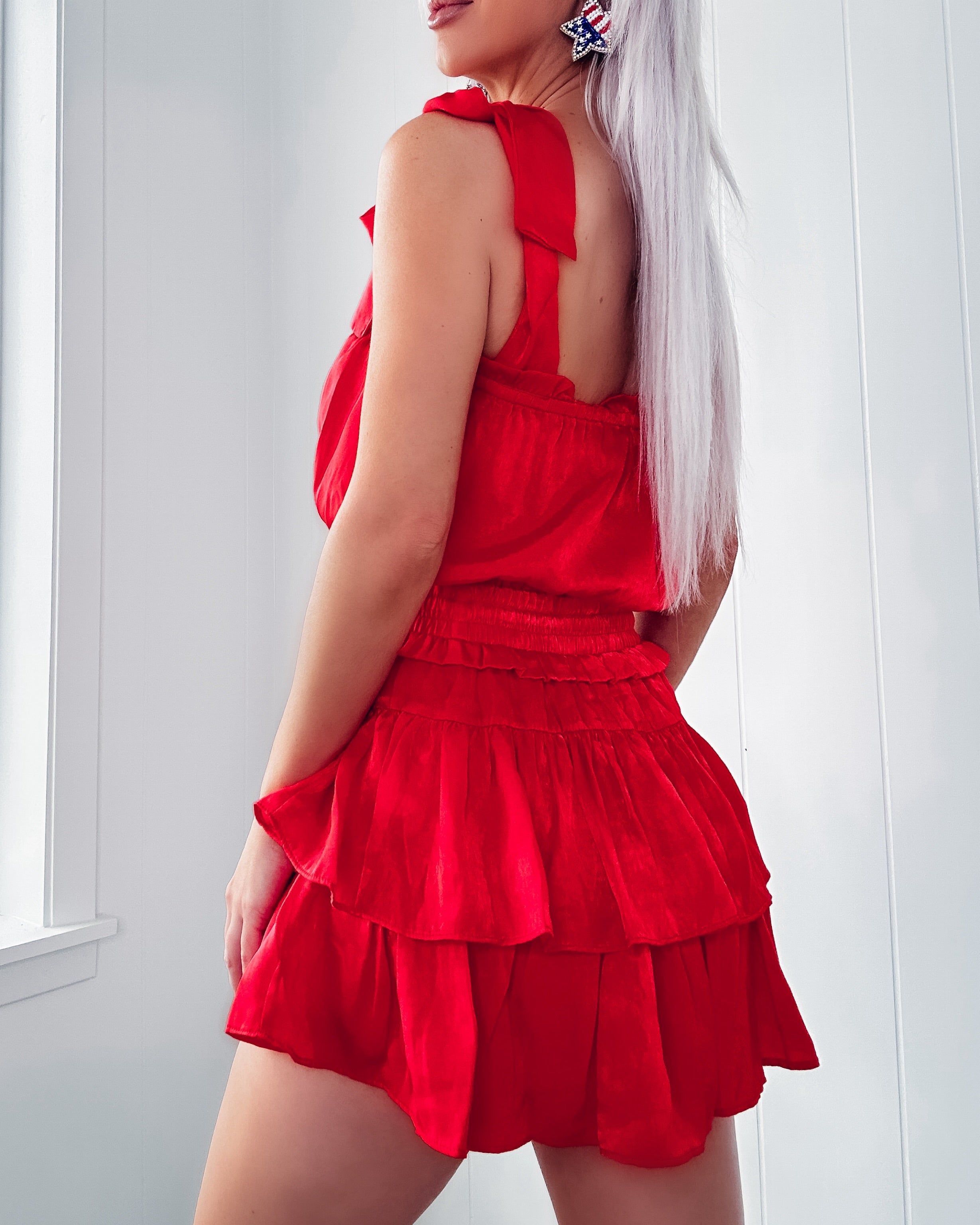 Sweet Valor Satin Ruffle Romper Dress - Red