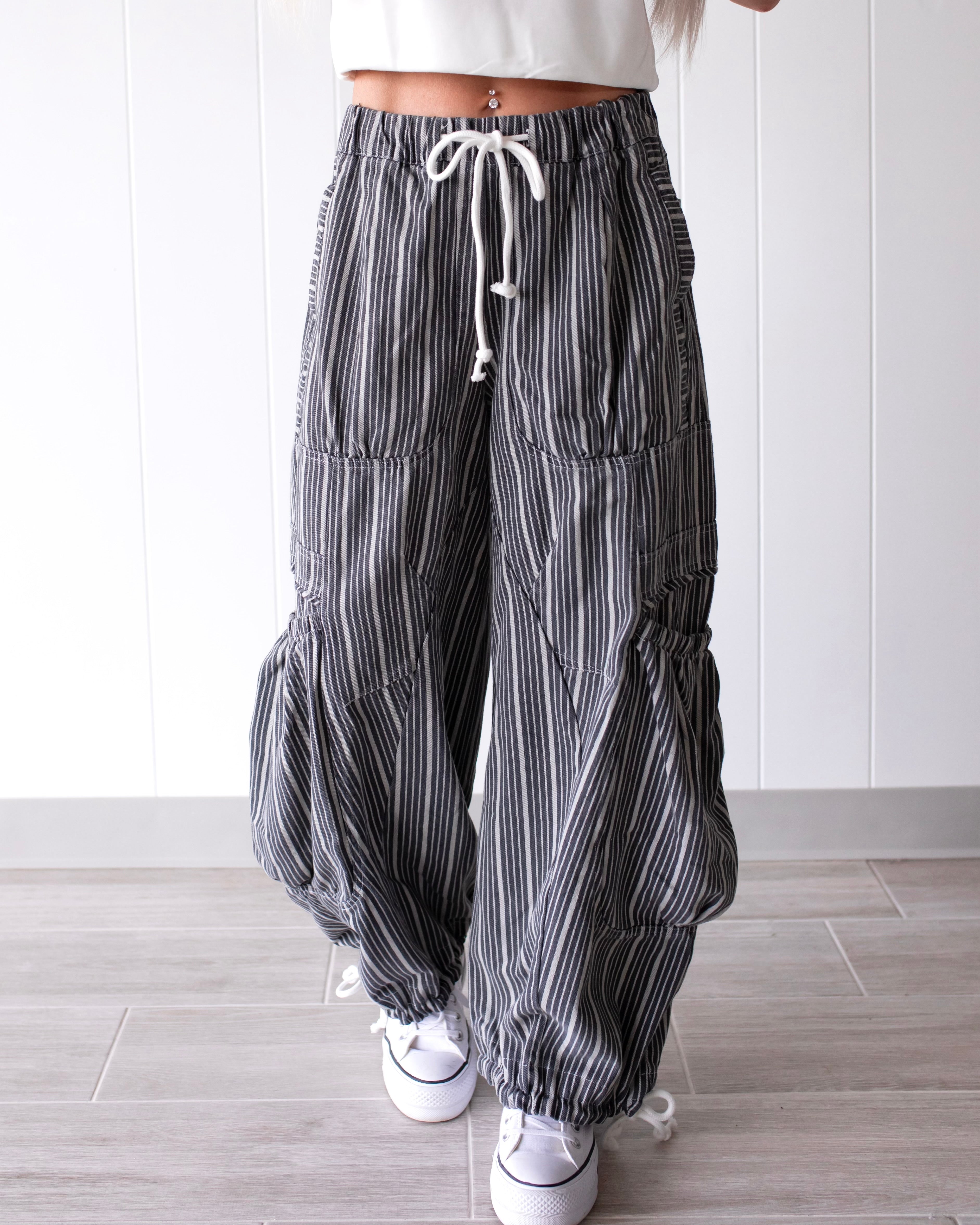 Chasing Clouds Striped Parachute Pants - Charcoal