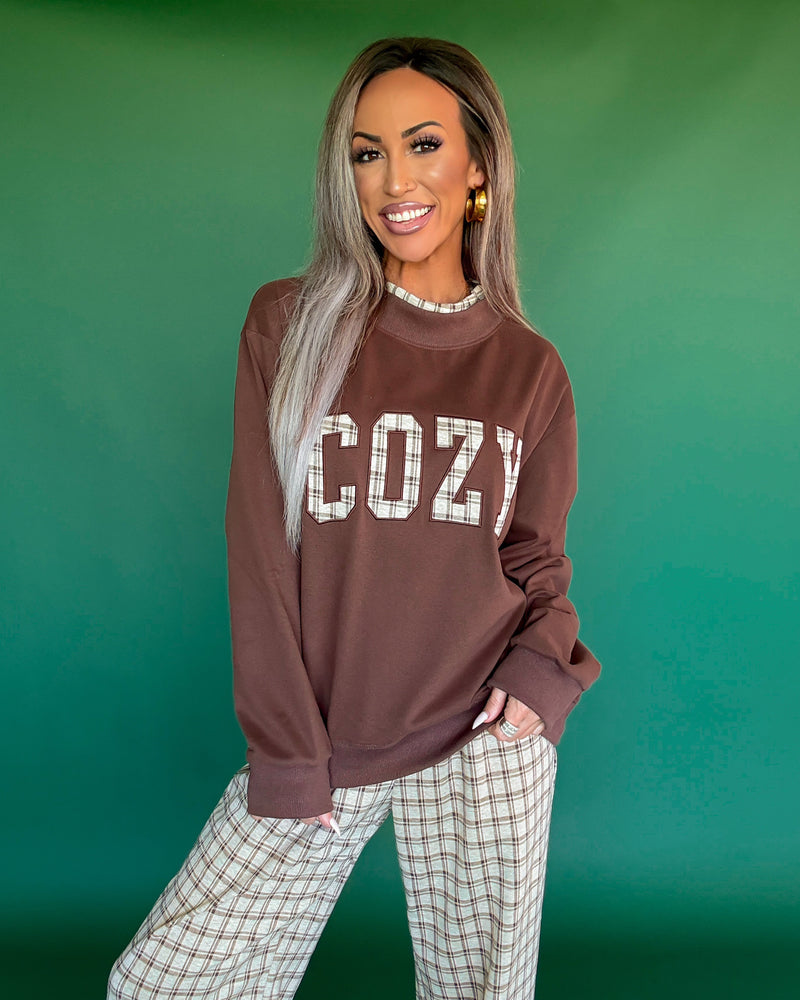 Cozy Plaid Mock Neck Sweatshirt - Brown — plaid mock neck sweatshirt