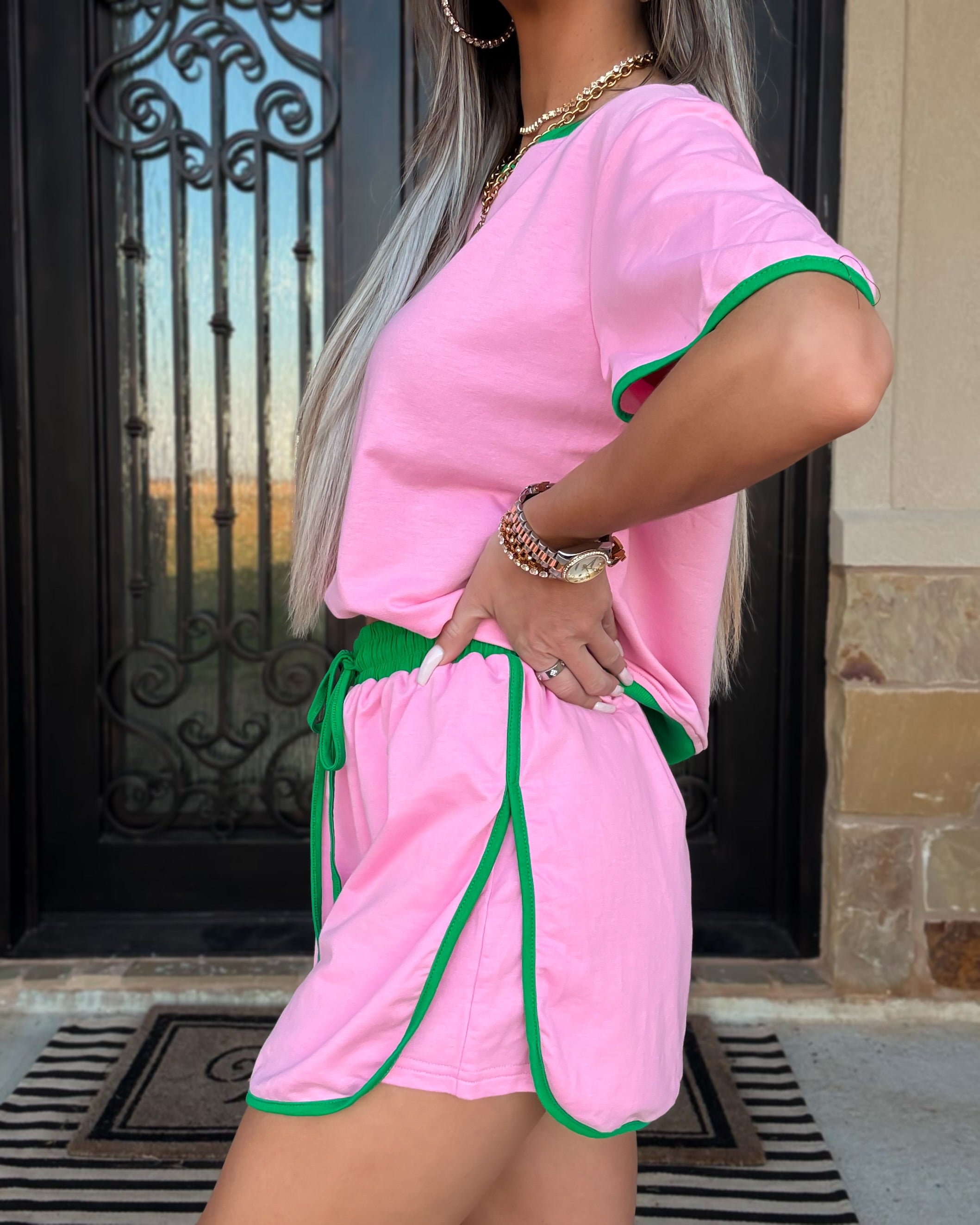 Color Edge Skirt Set - Pink/Green