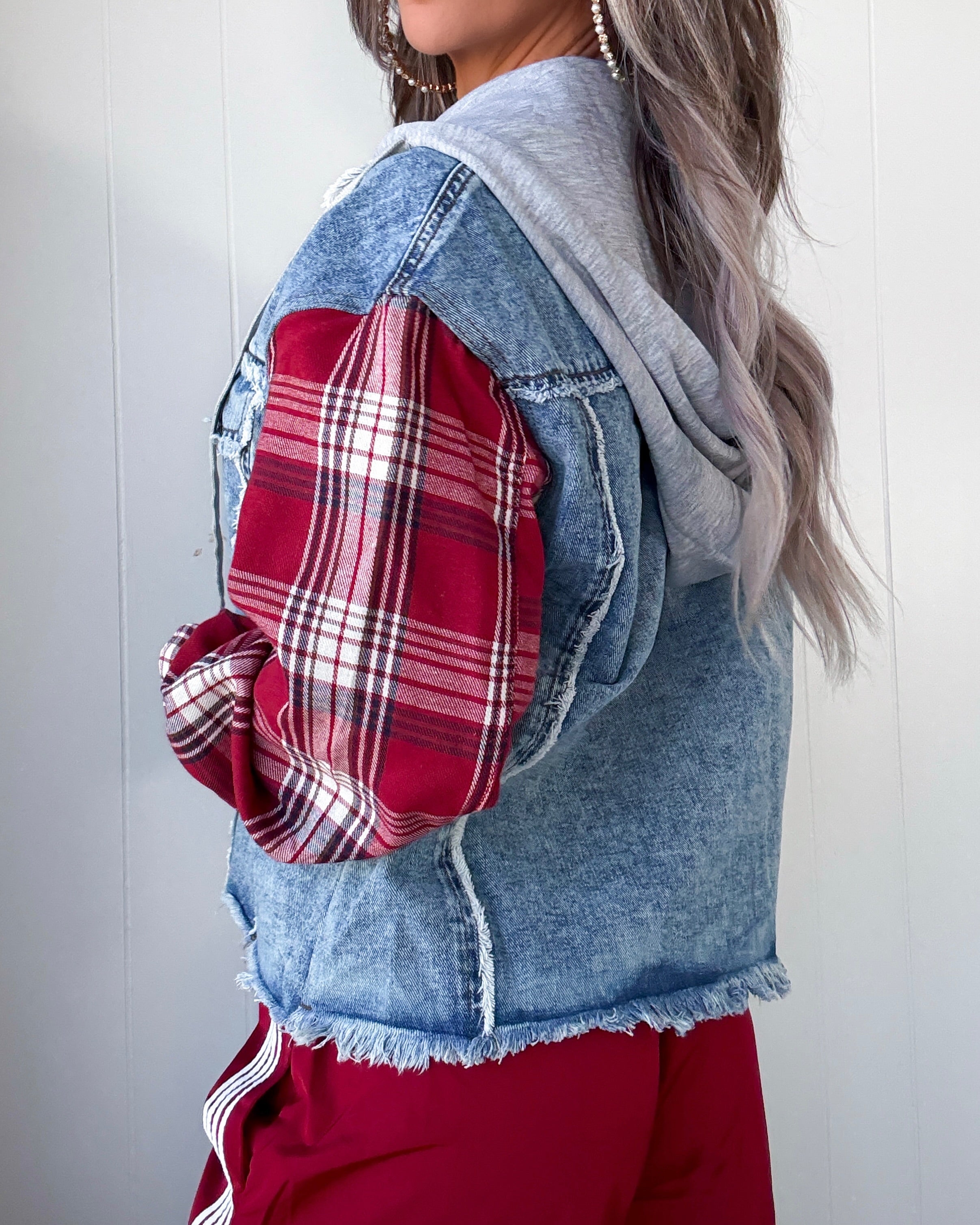 Market Ready Plaid Denim Jacket - Blue