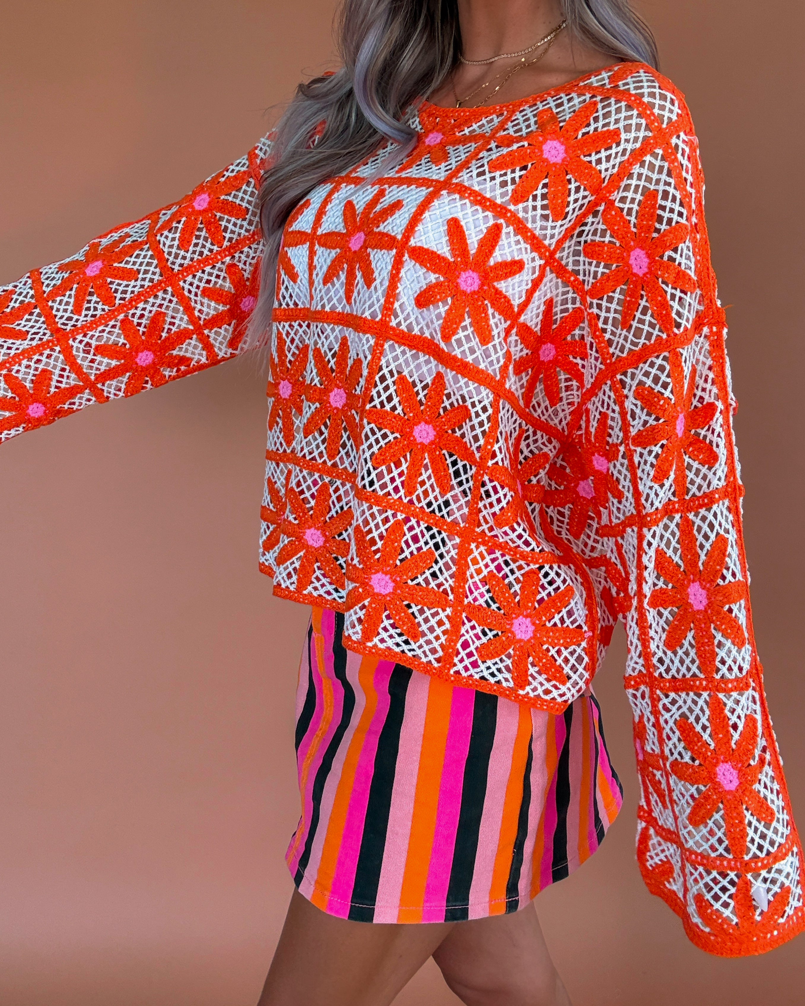 Orange Blossom Crochet Sweater - Off White/Orange