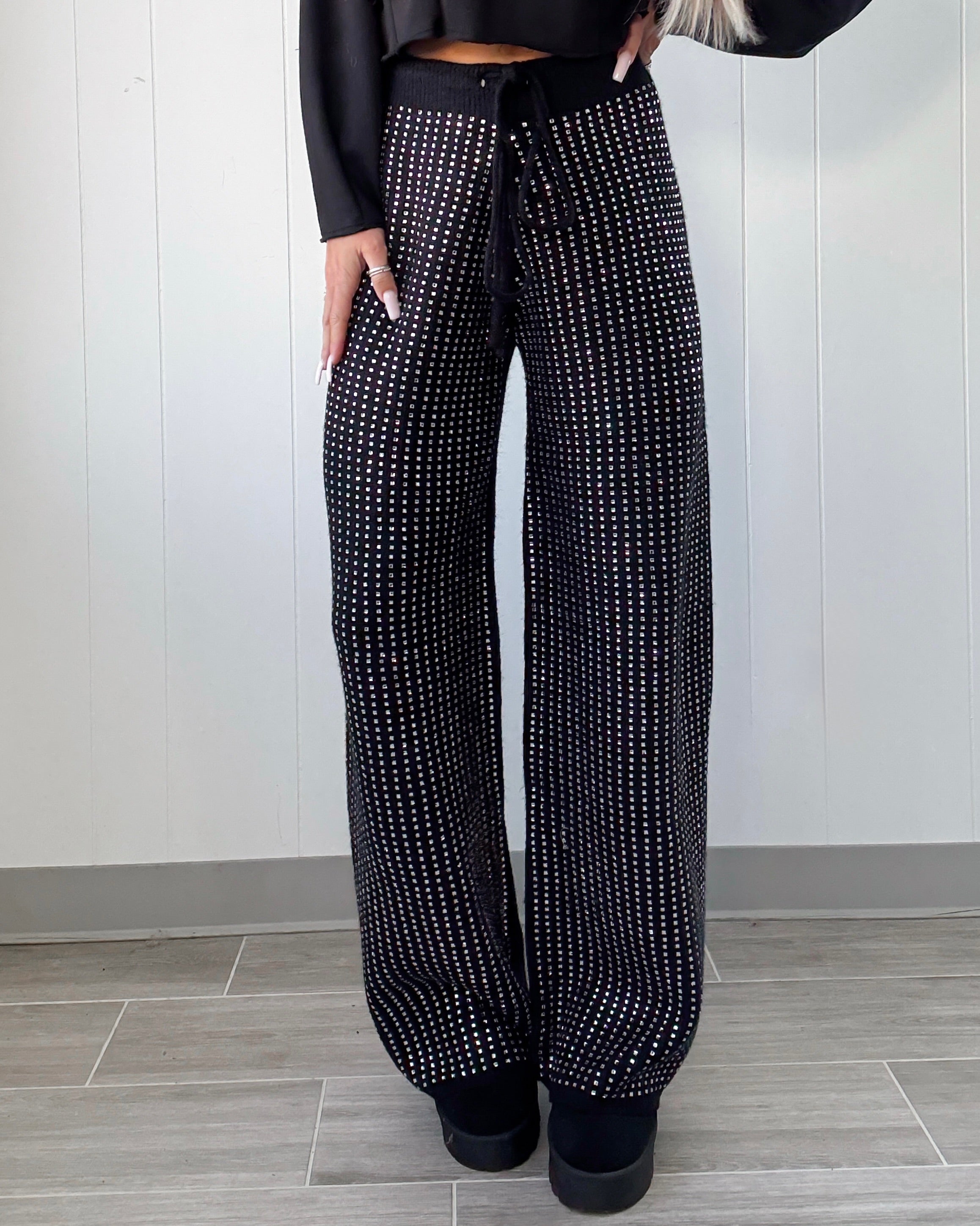 Luxe Lounge Rhinestone Pants - Black
