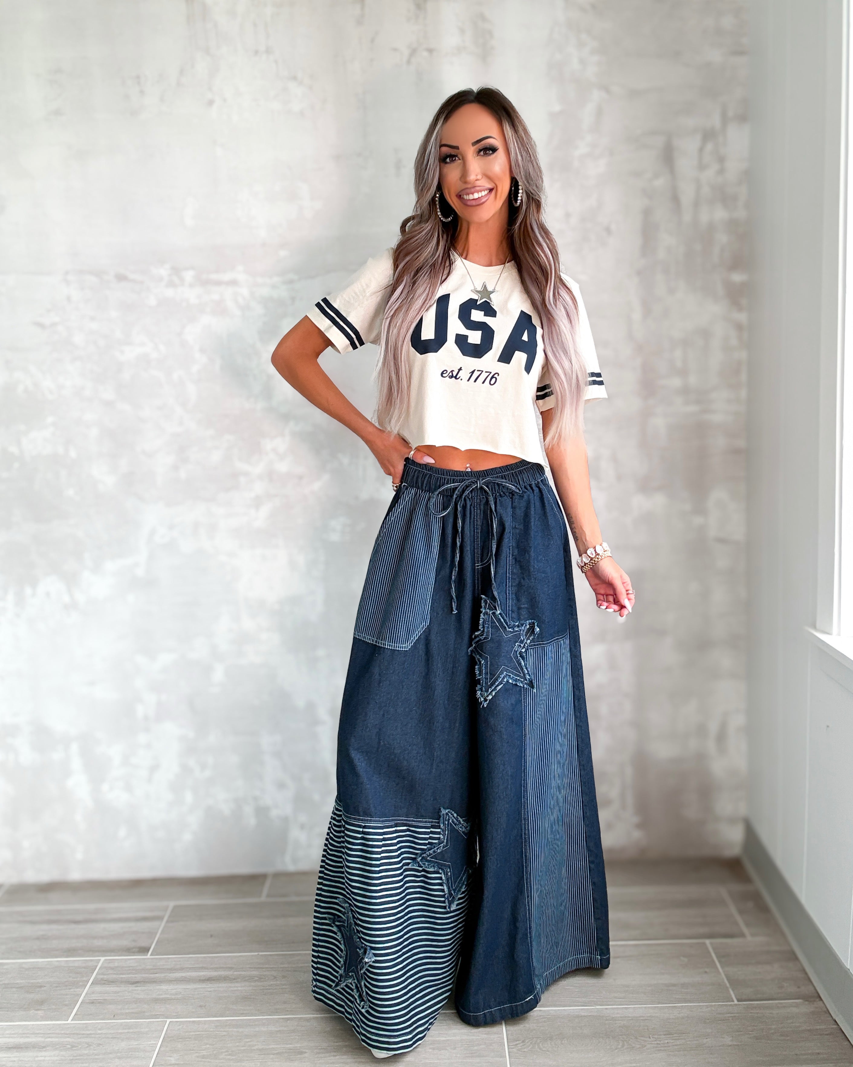 Liberty Bell Frayed Star Patch Wide Leg Pants - Denim