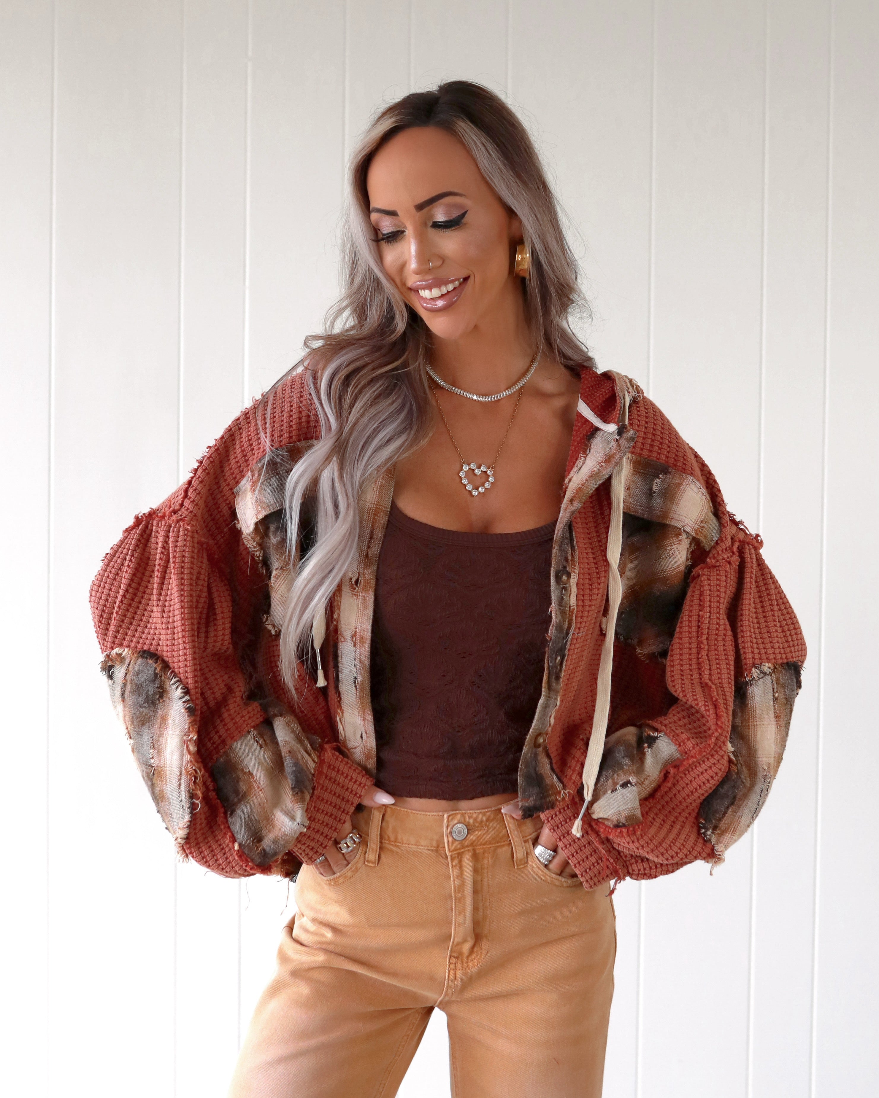 Sweet Patchwork Hooded Top - Maroon