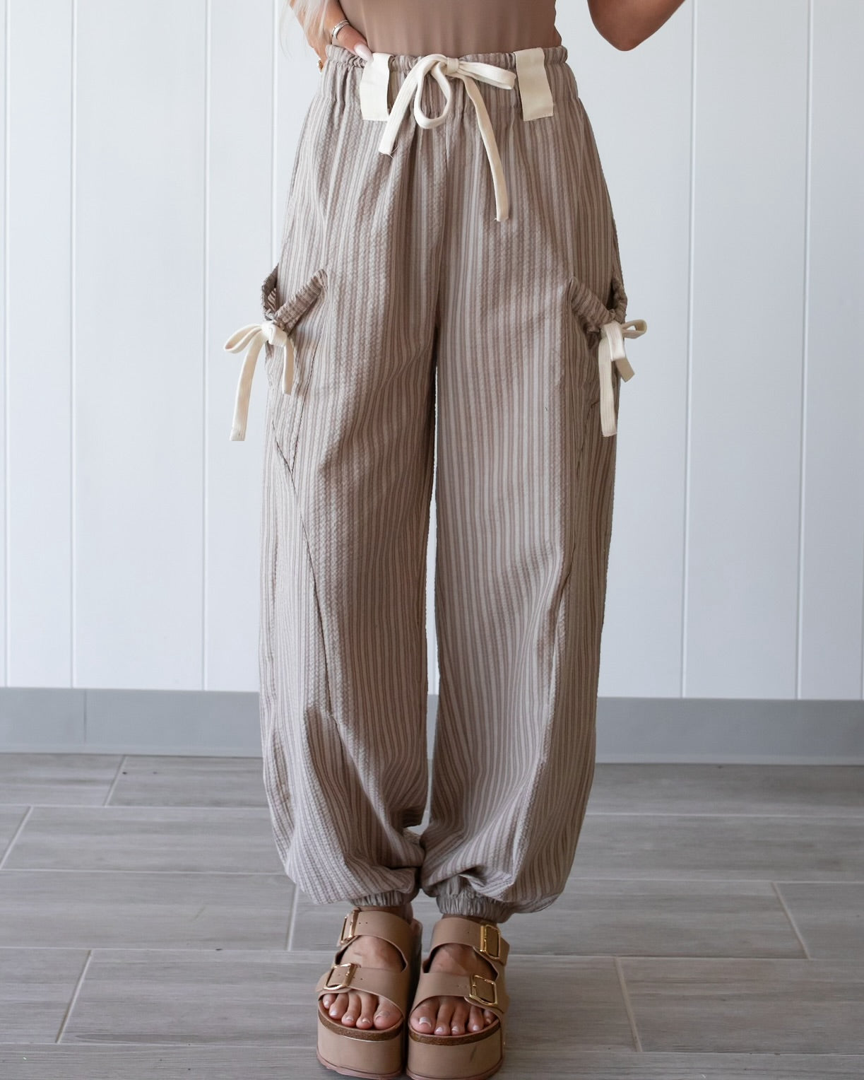 Sweet Stripe Bow Joggers - Taupe/White