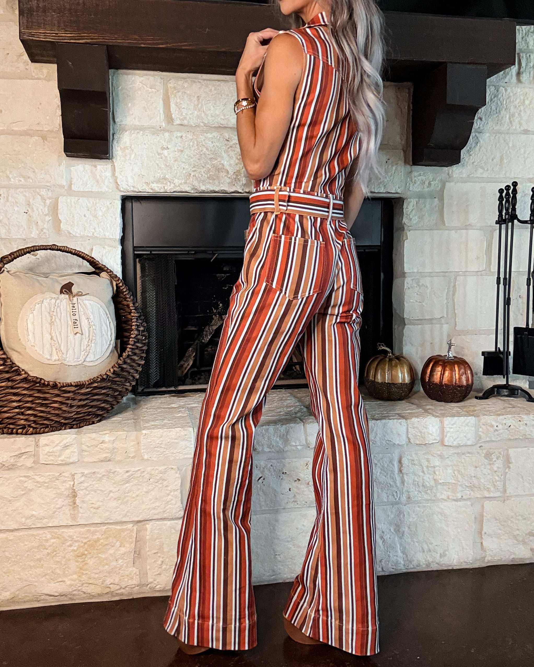 Autumn Rhythm Striped Jumpsuit - Rust