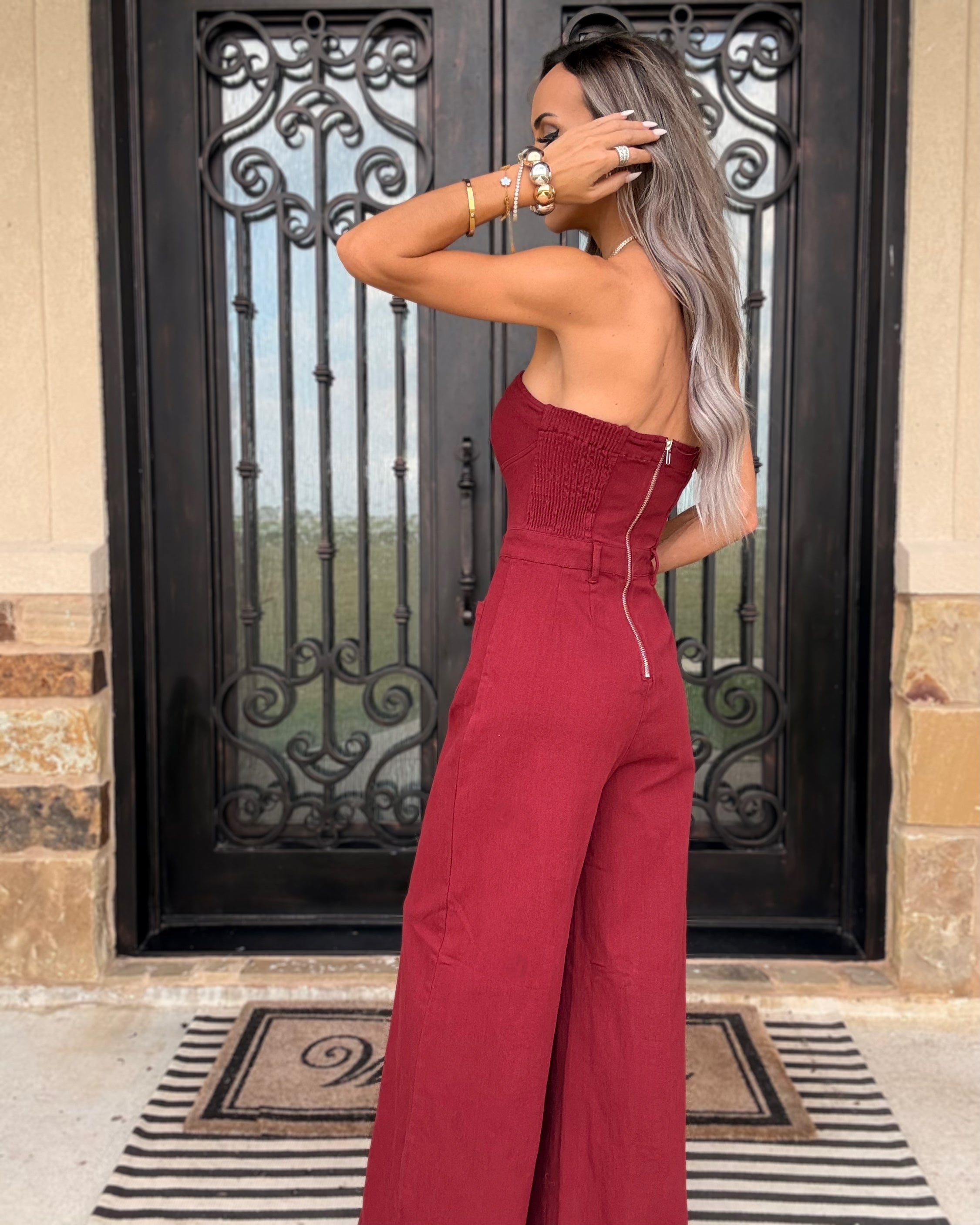 Hot Streak Tube Top Denim Jumpsuit - Burgundy