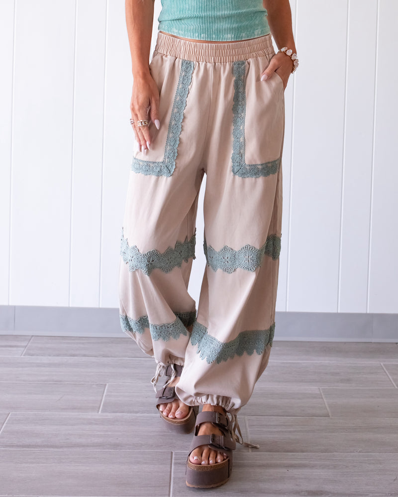 Bella Lace Trim Pants - Beige