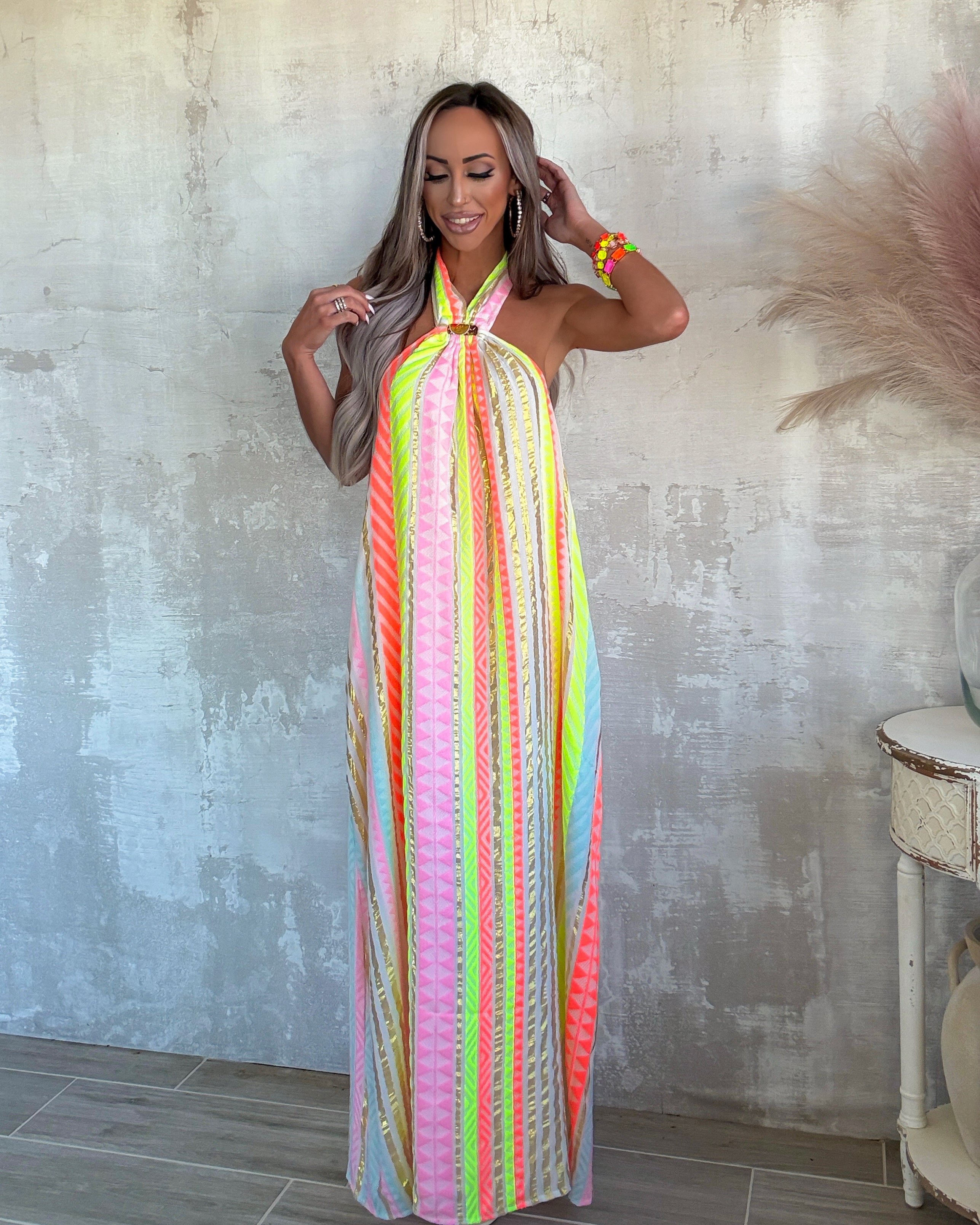Electric Sunset Maxi Dress - Neon Pink