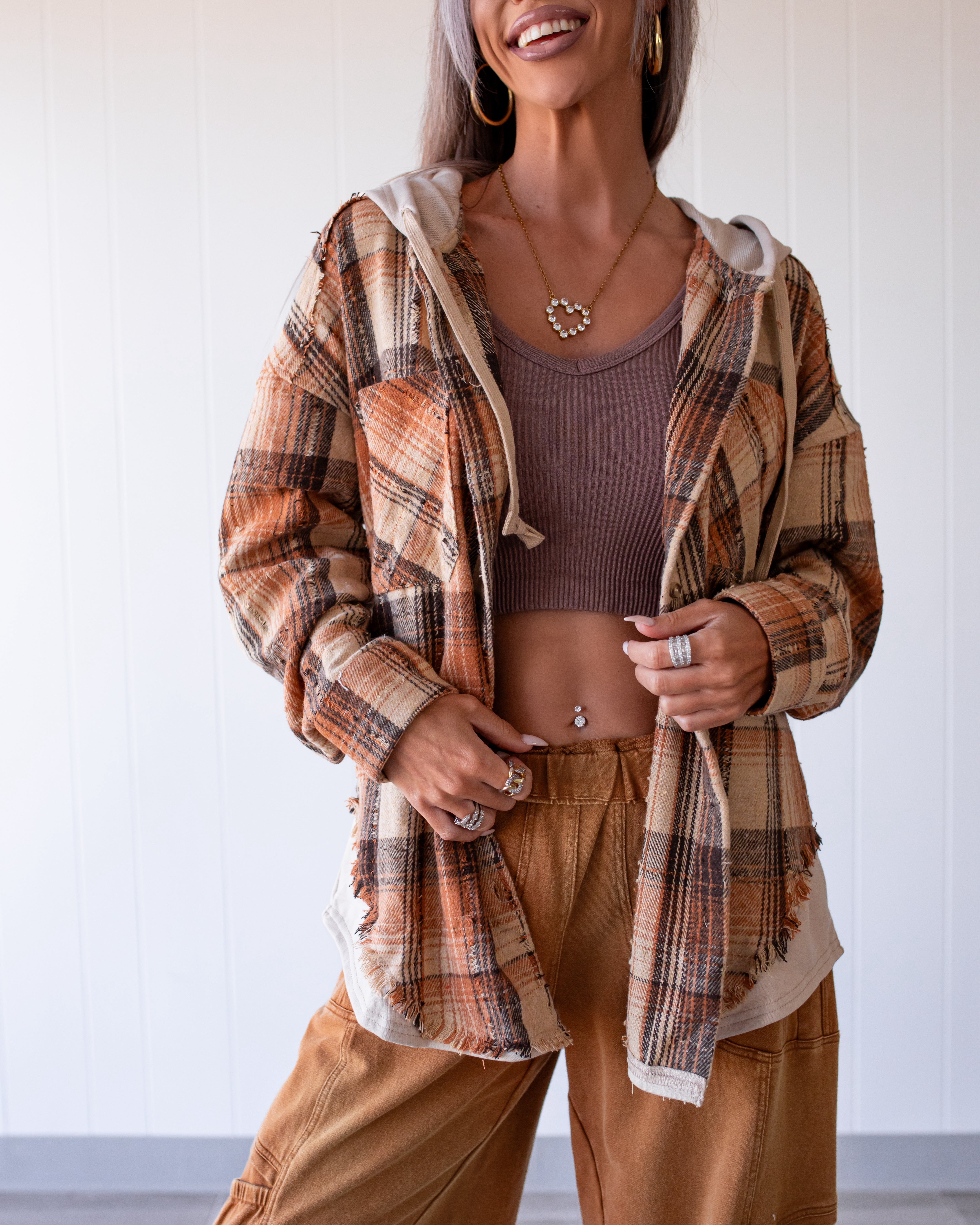 Cozy Cabin Hooded Flannel - Caramel