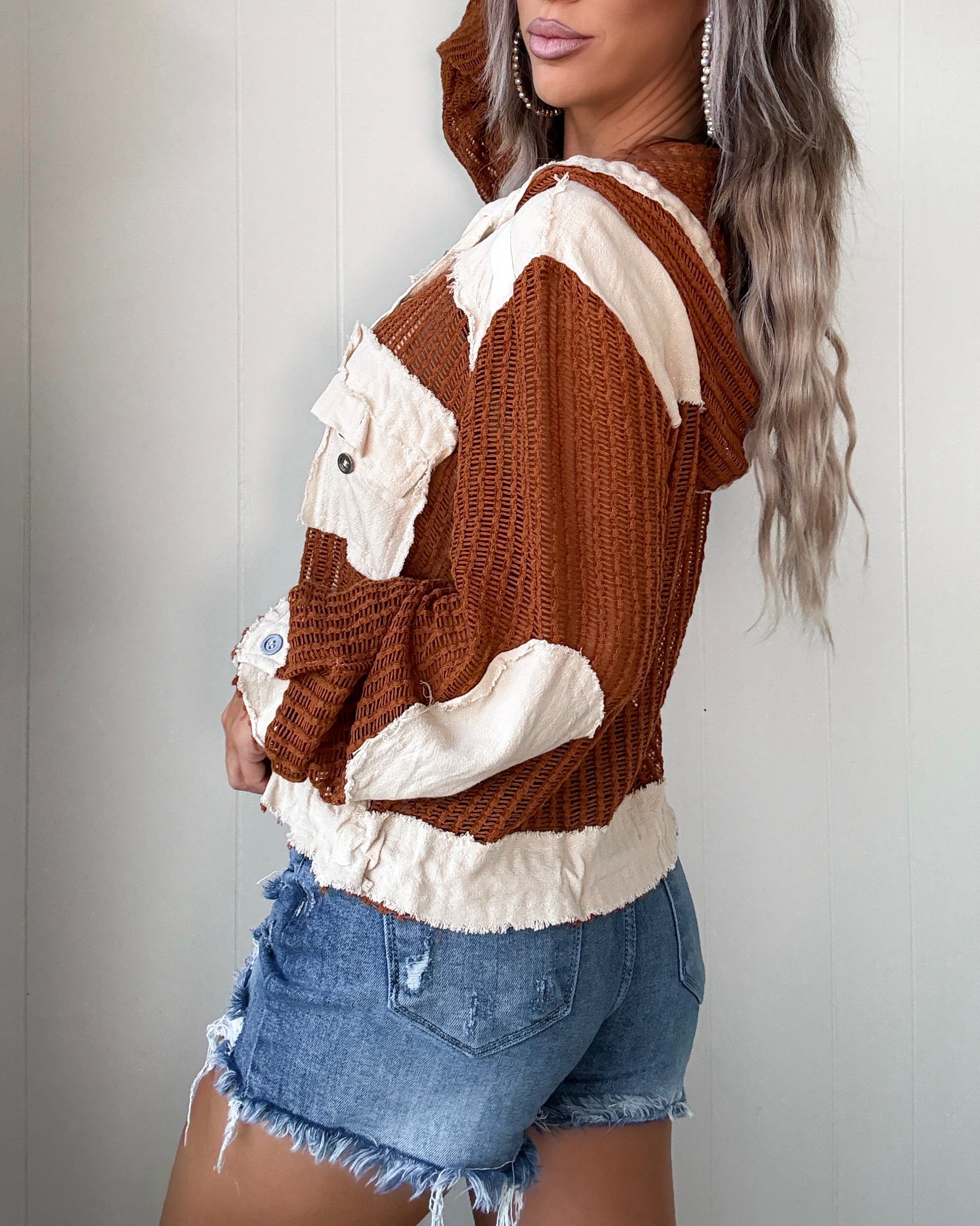 Wildwood Waffle Knit Hooded Top - Chocolate