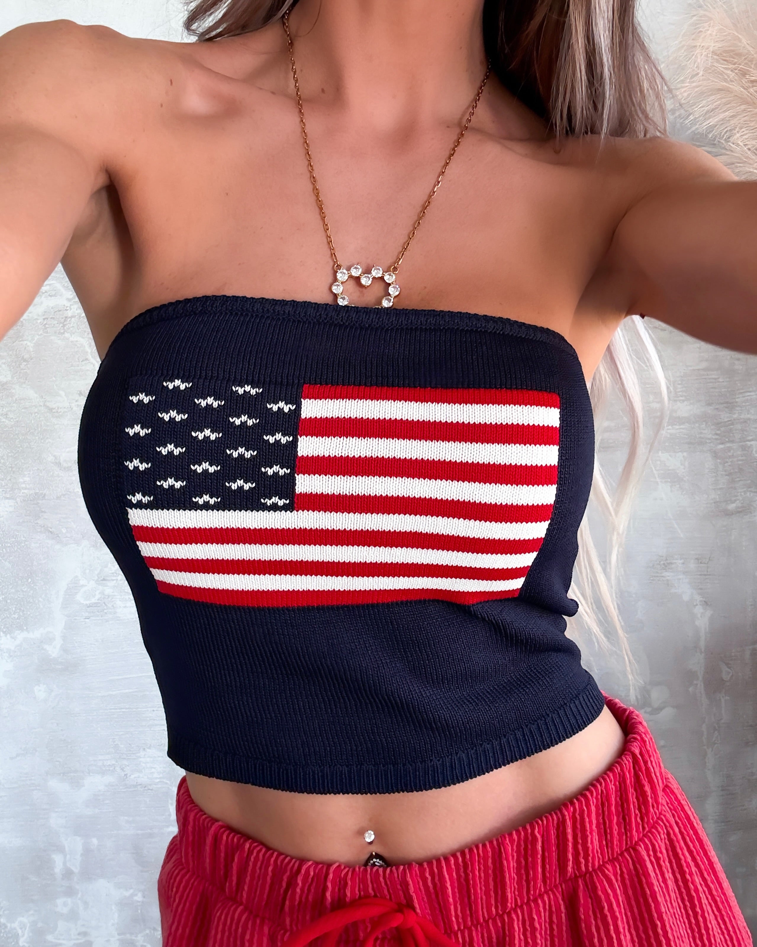 All American Strapless Crop Top - Navy