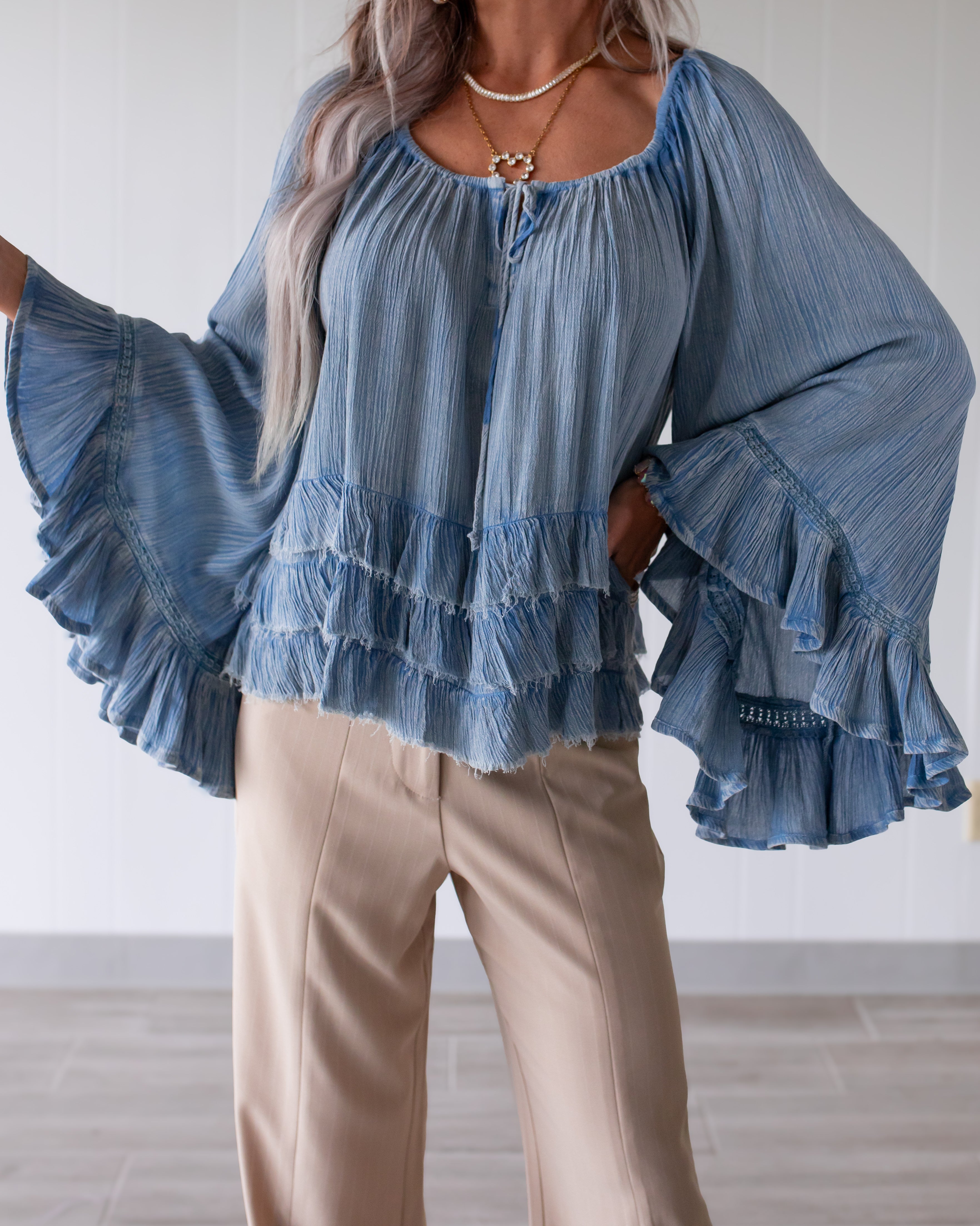 Petal Ruffle Crinkle Top - Denim Blue