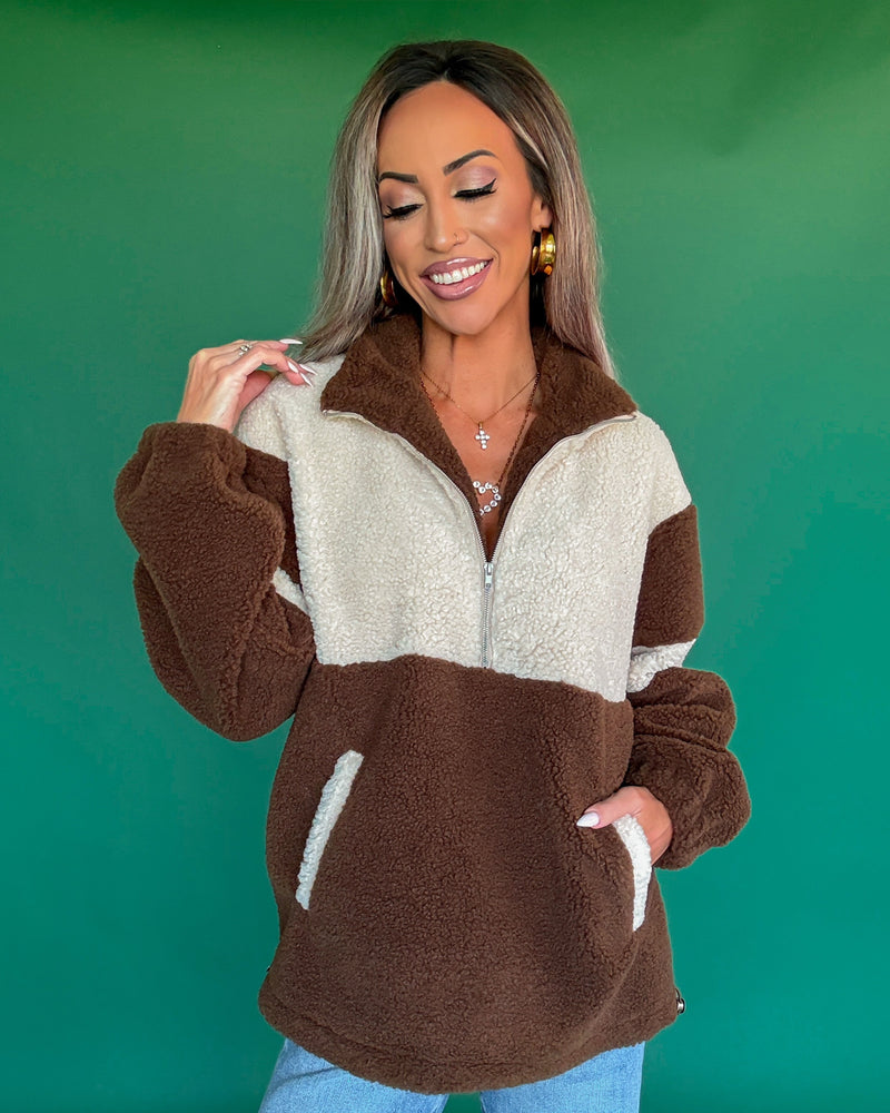 Toasted Honey Half Zip Teddy Pullover - Brown — teddy half-zip pullover