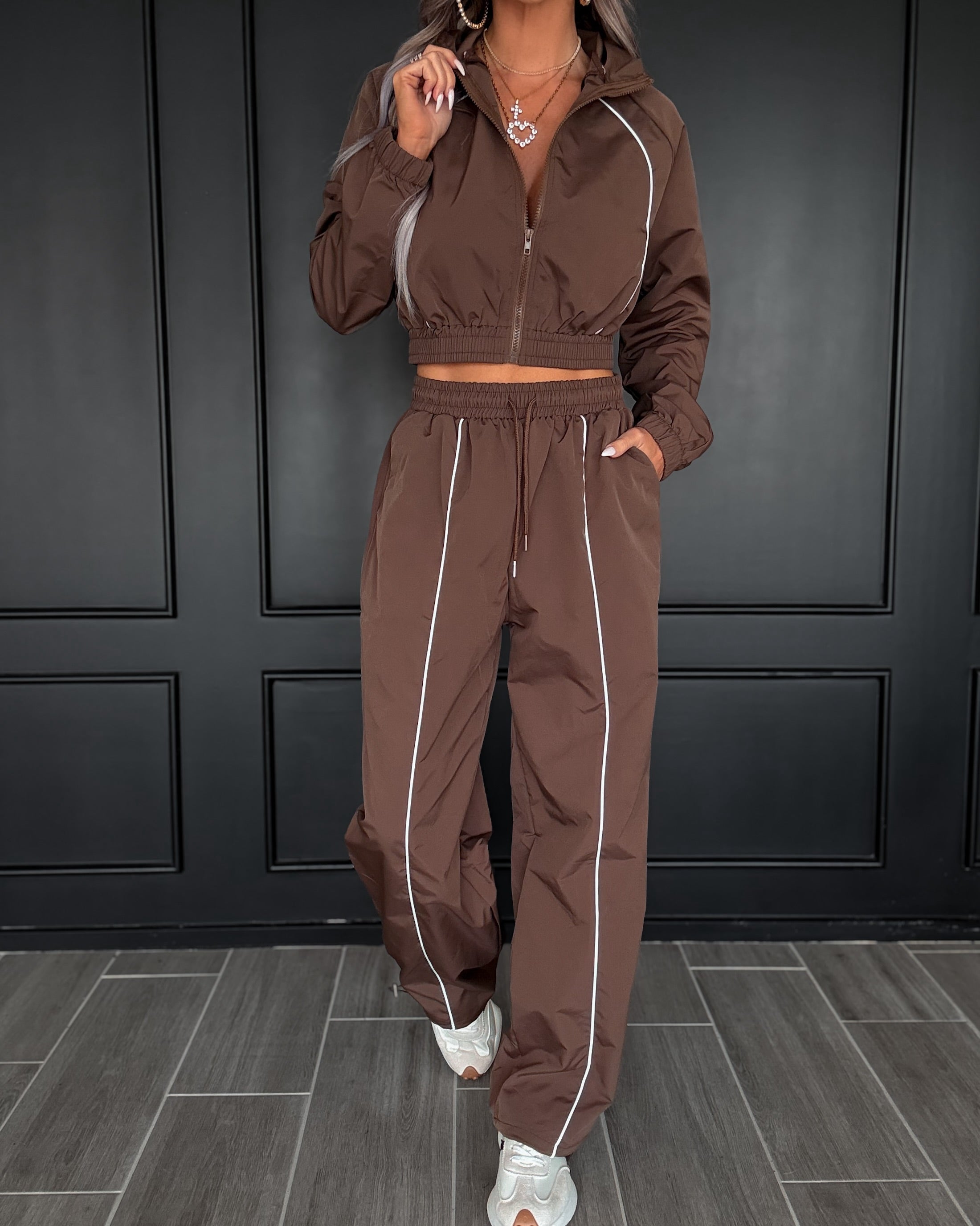 Trackside Windbreaker Pants Set - Brown