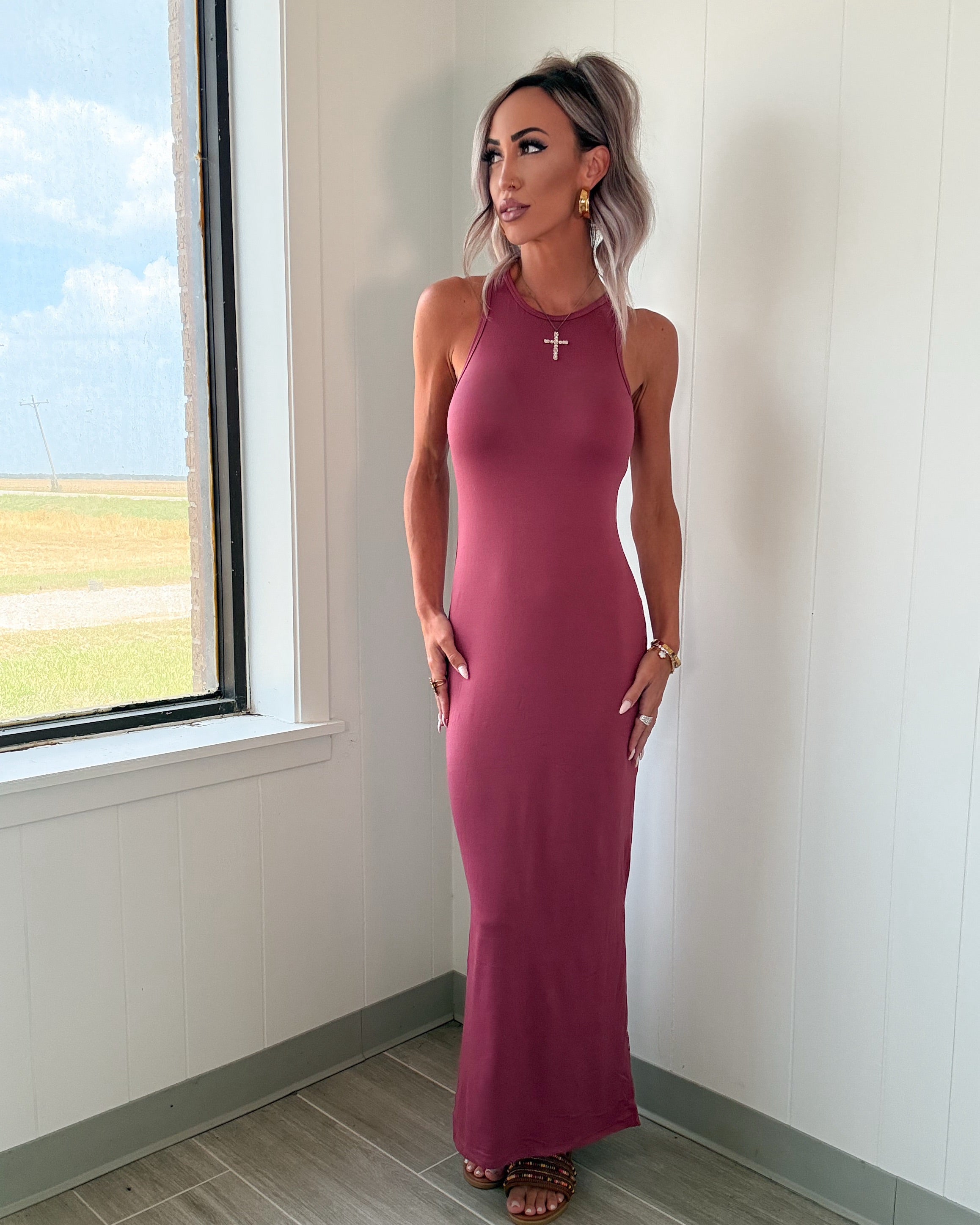 Berry High Neck Maxi Dress