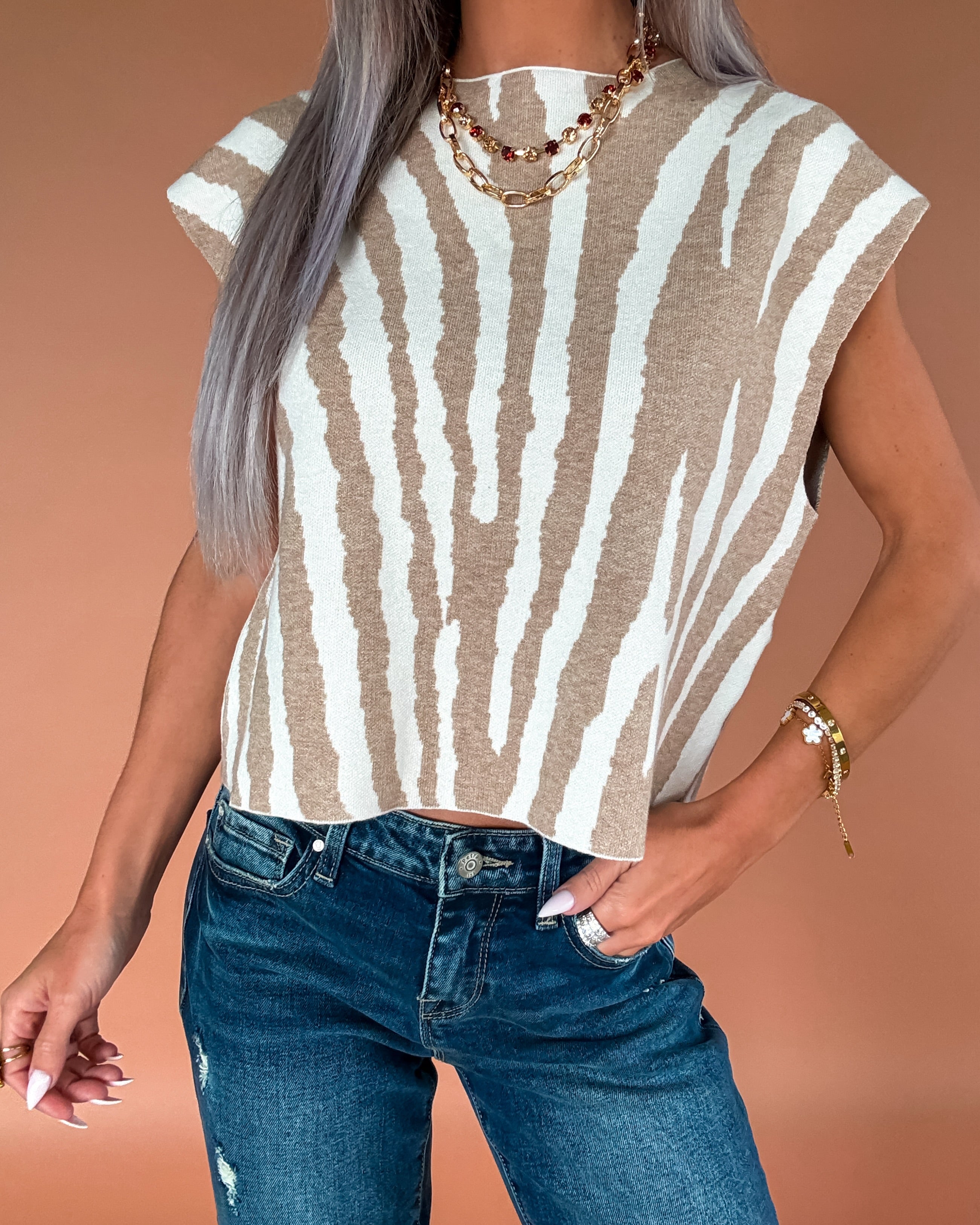 Tiger Affair Boxy Sweater Top - Ivory/Tan