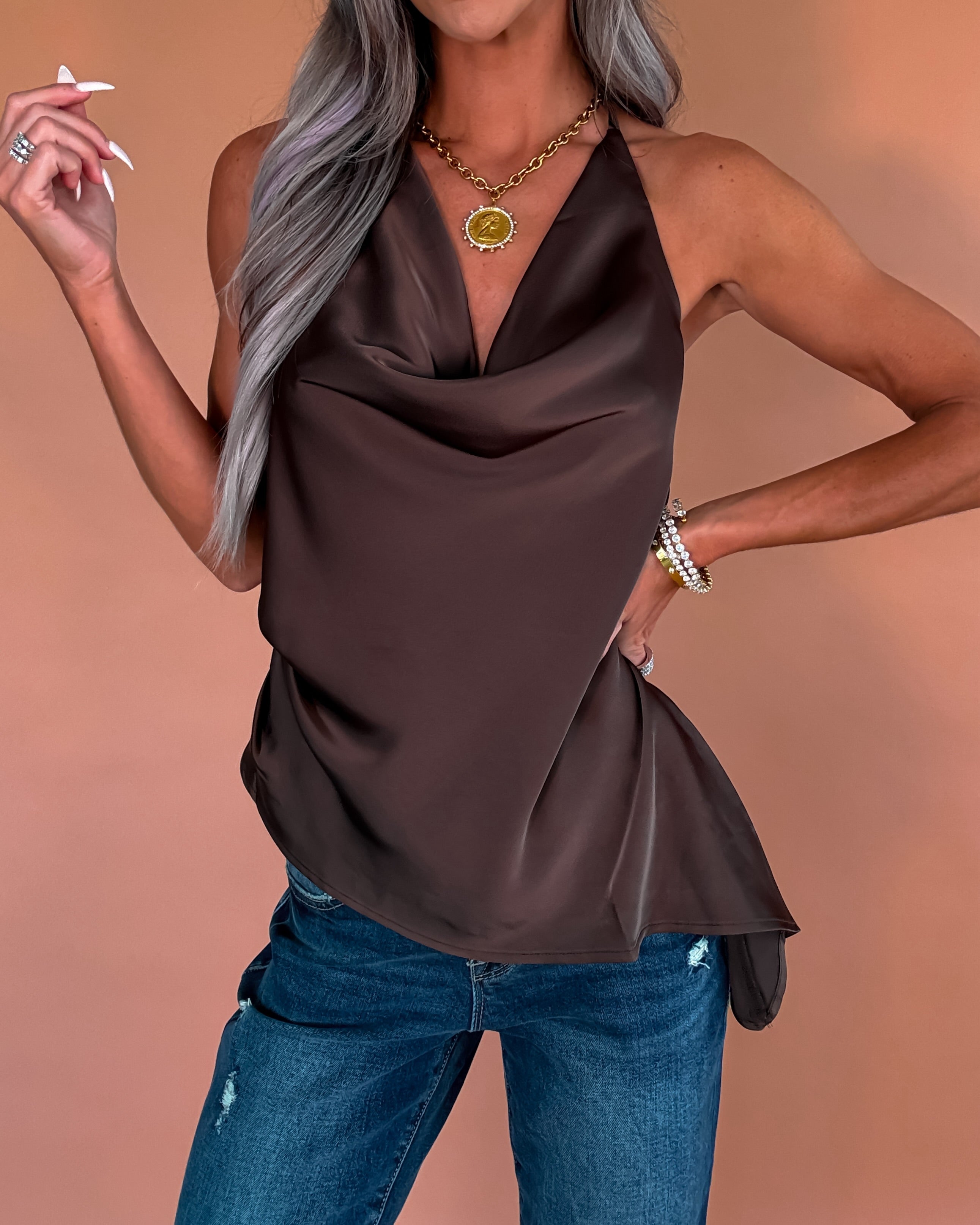 Espresso Afterglow Satin Cowl Neck Halter Top