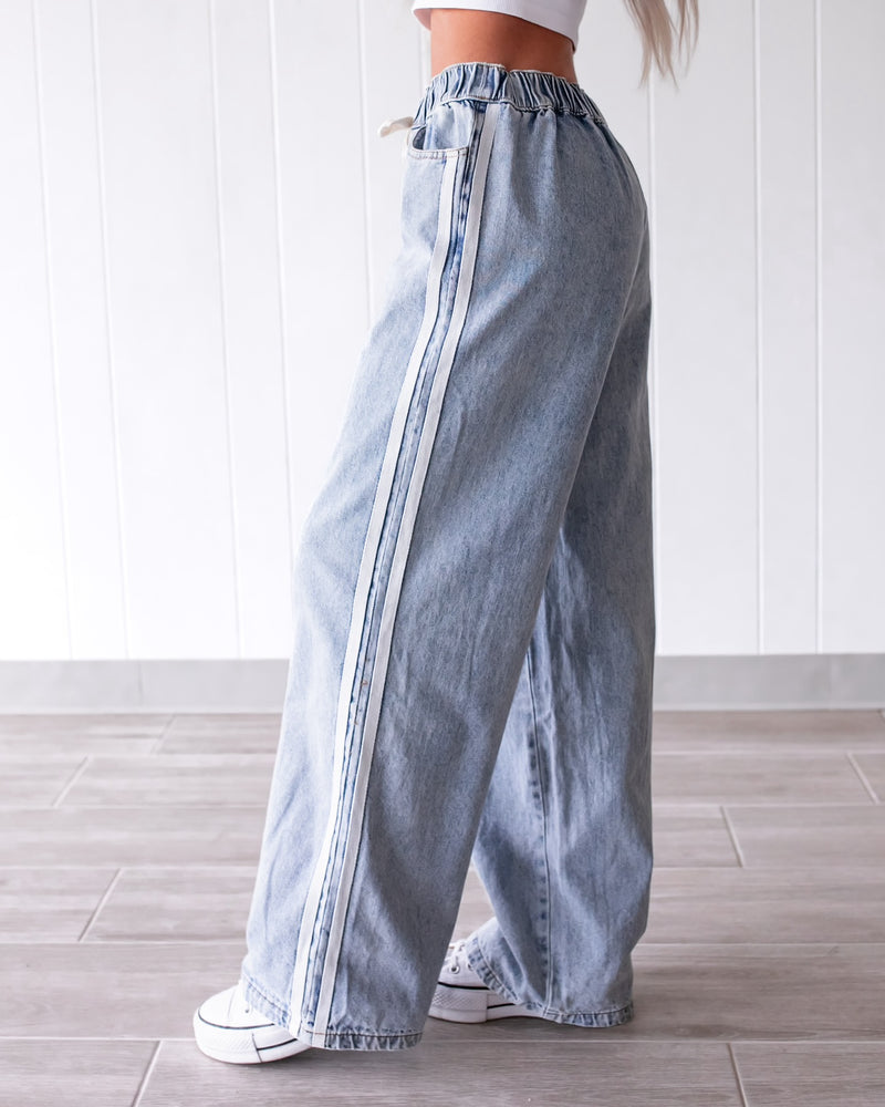 Stripe & Shine Wide Leg Denim Pants – Light Wash