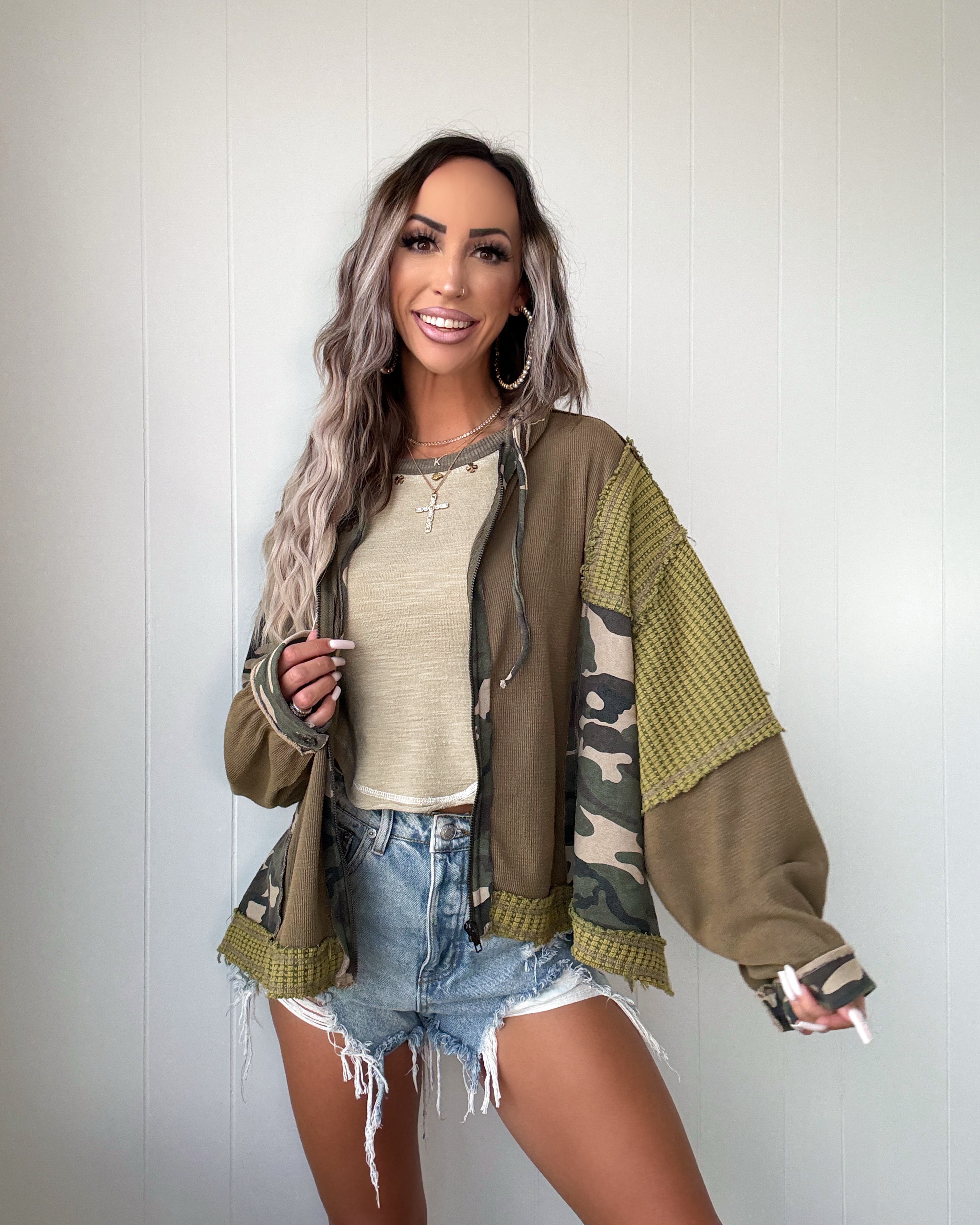 Waffle Camo Hooded Zip Up - Olive