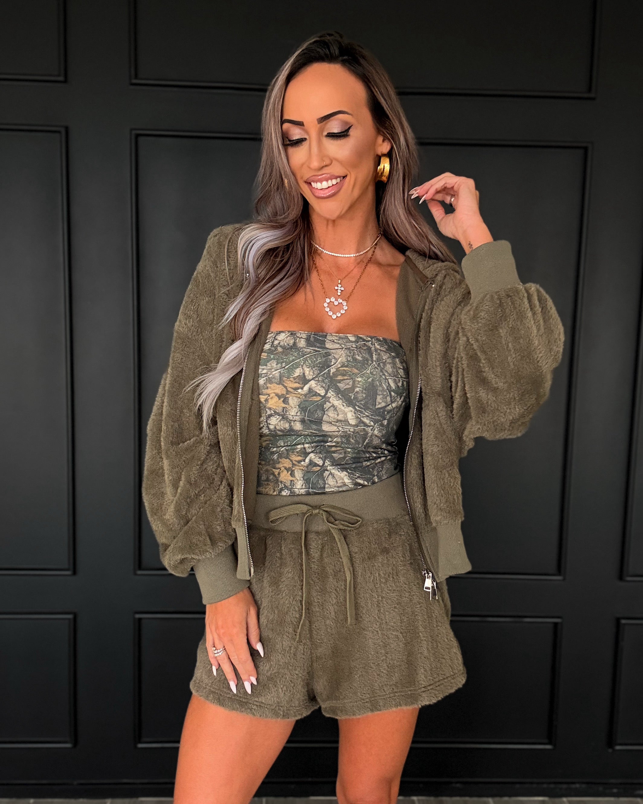 Olive Grove Fur Drawstring Shorts