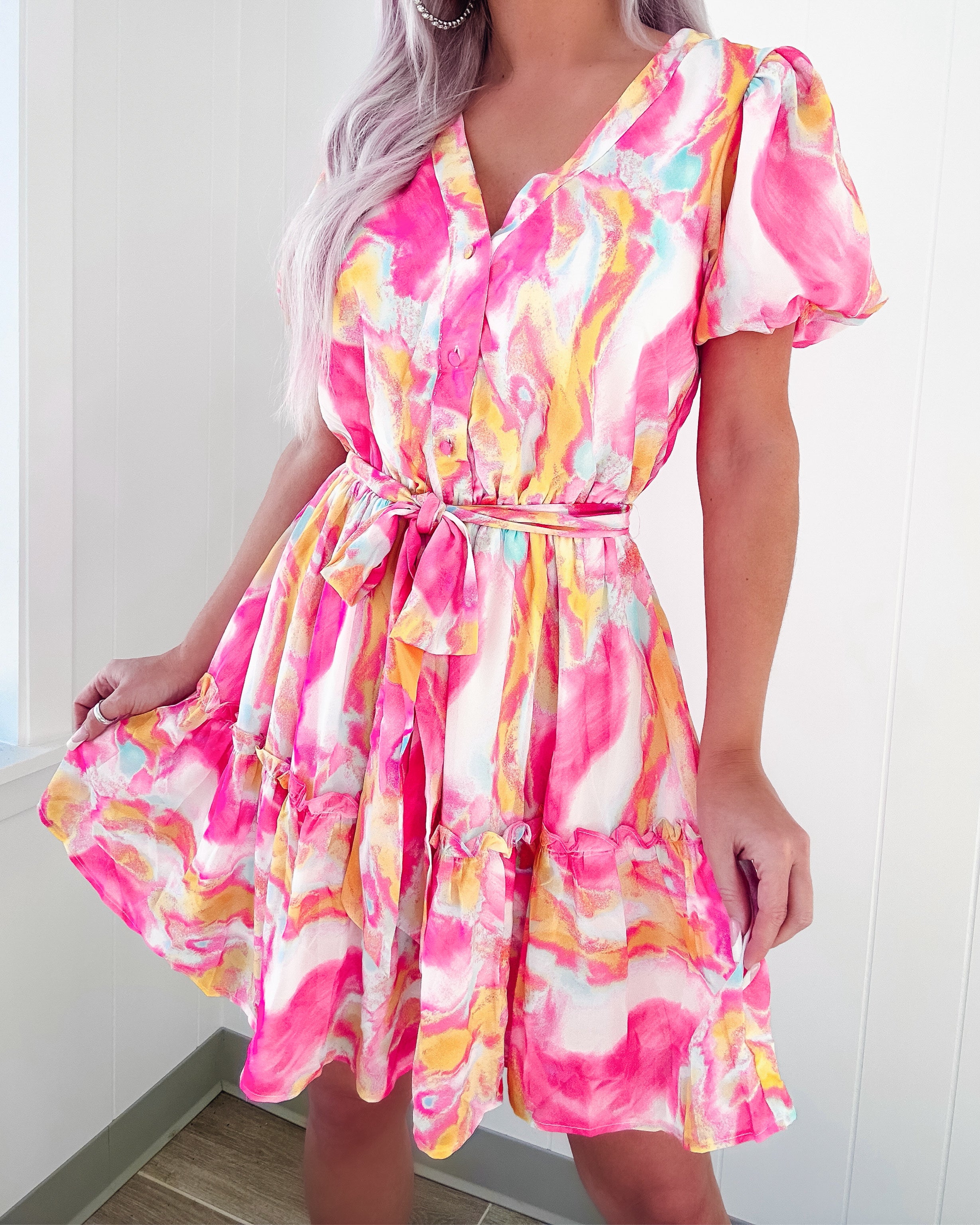 Stay Radiant Puff Sleeve Dress - Pink/Yellow