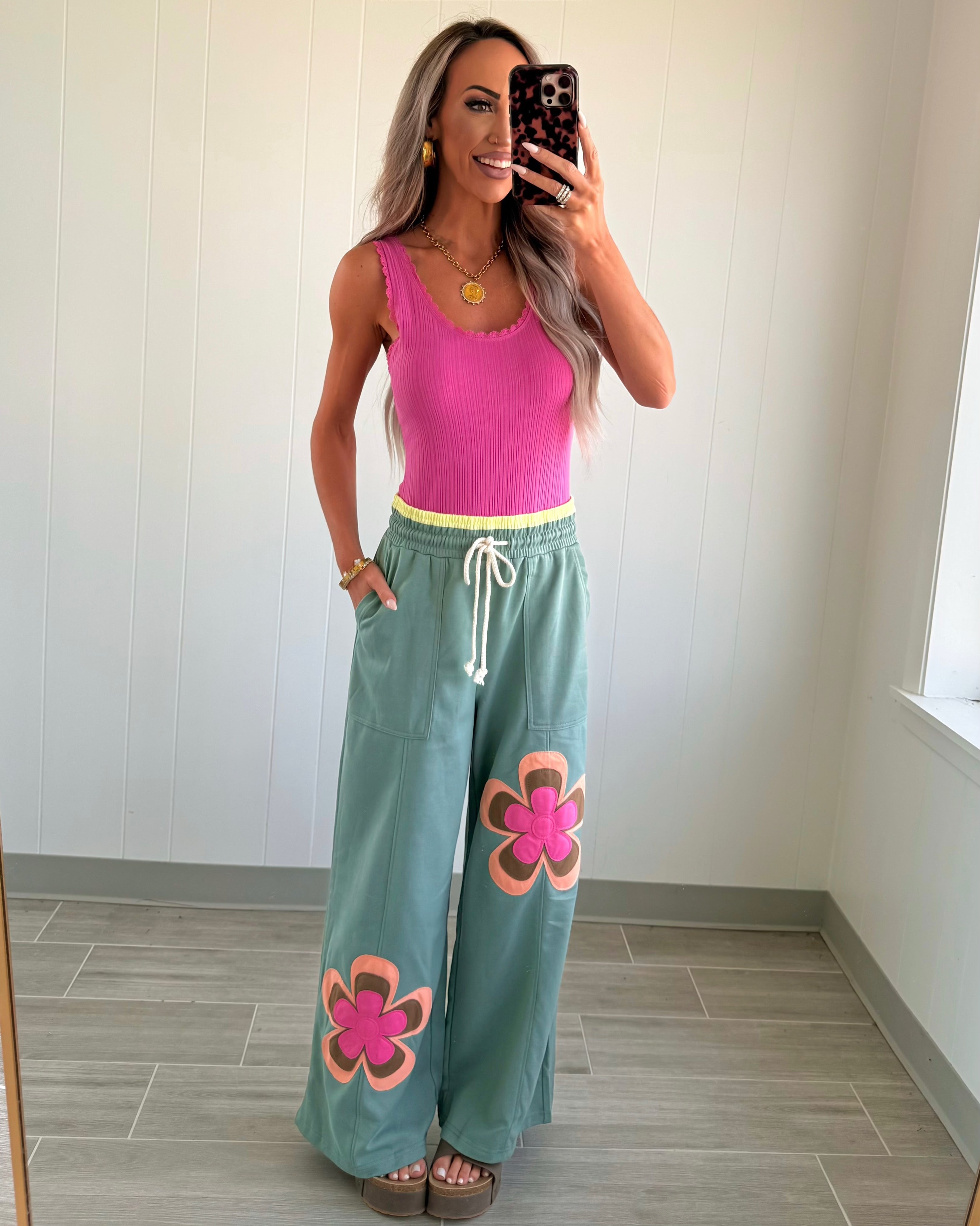 Retro Bloom Wide Leg Pants - Sea Green