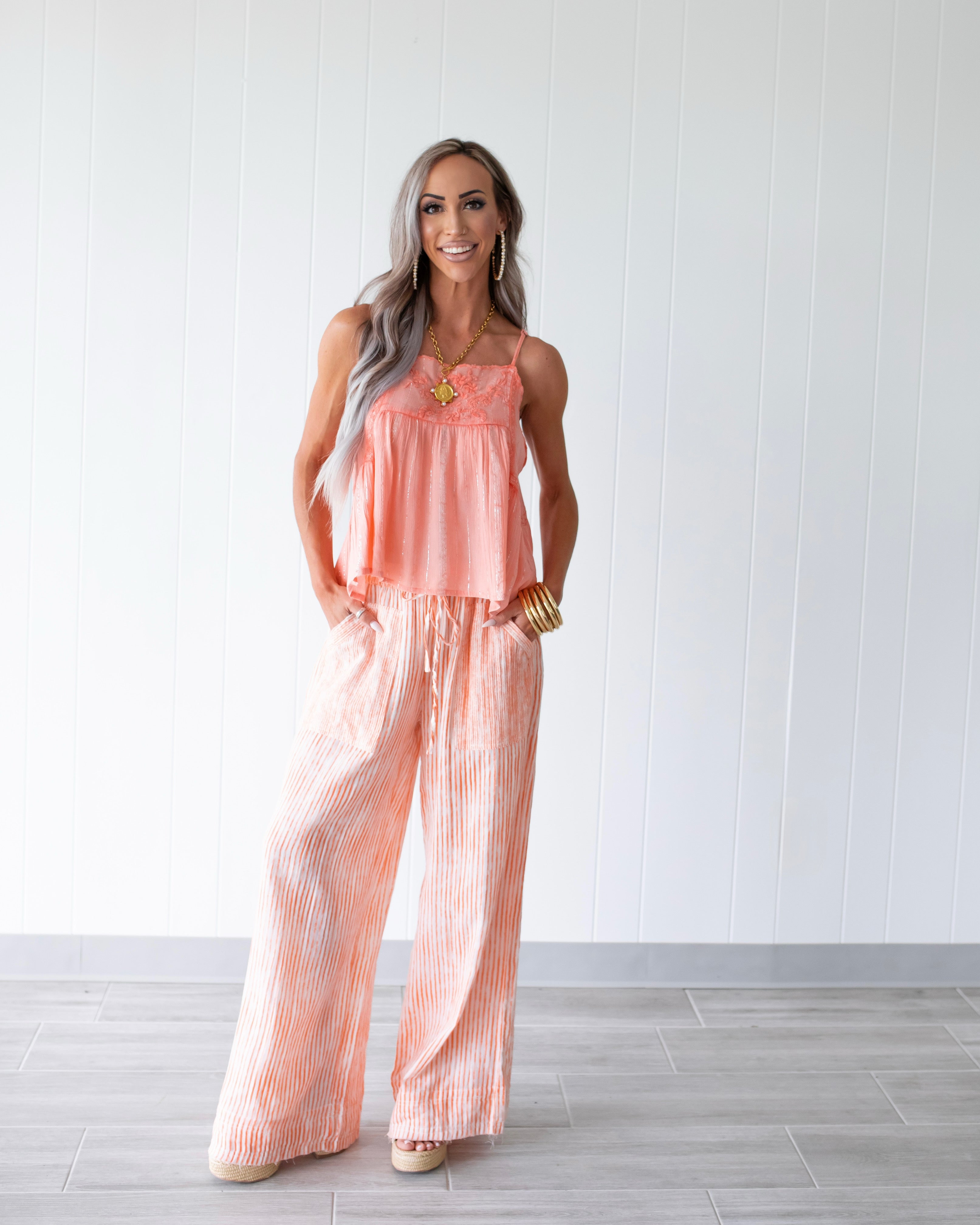 Whisper & Thread Embroidered Strap Top - Peach