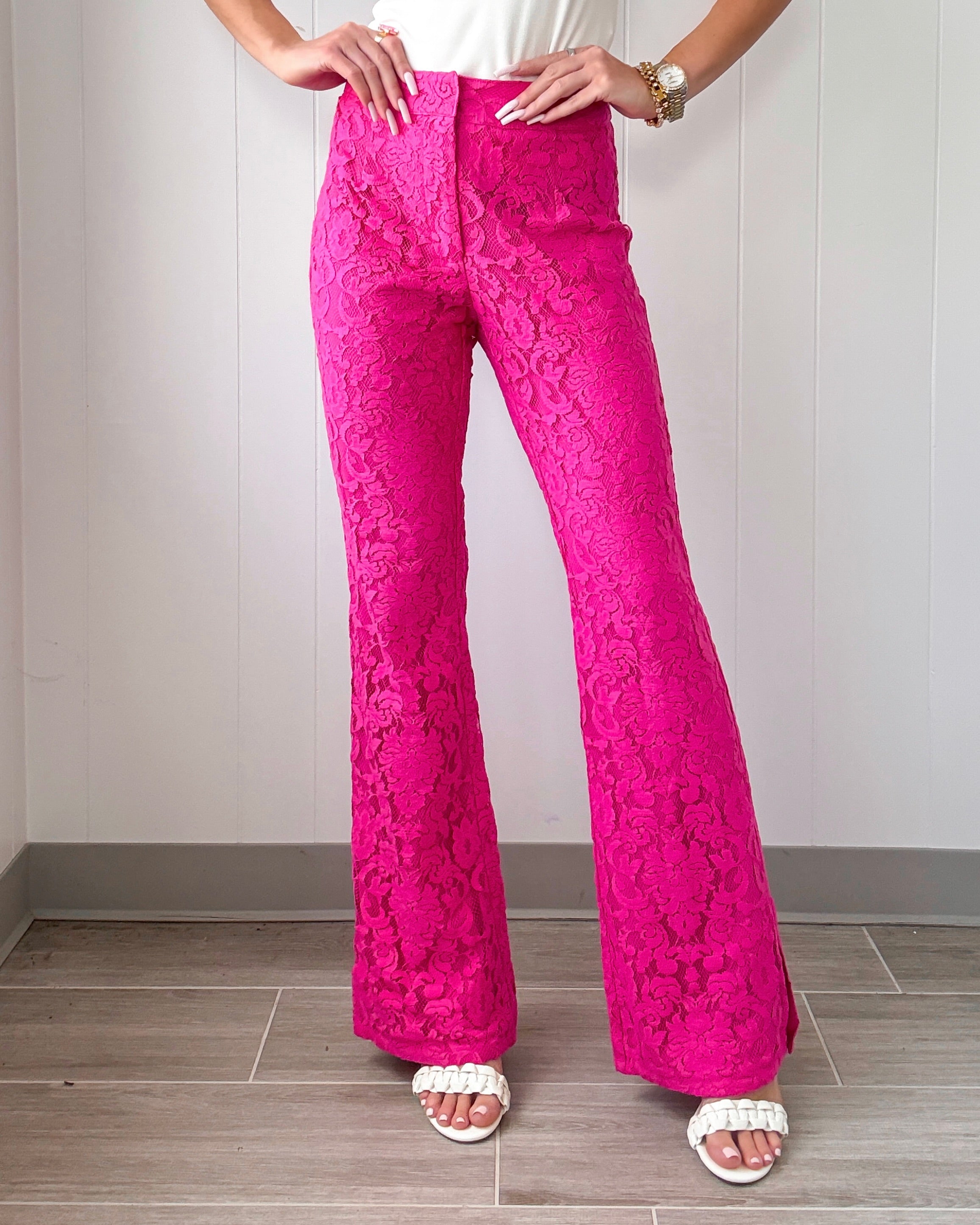 Soft Authority Lace Flare Pants - Hot Pink