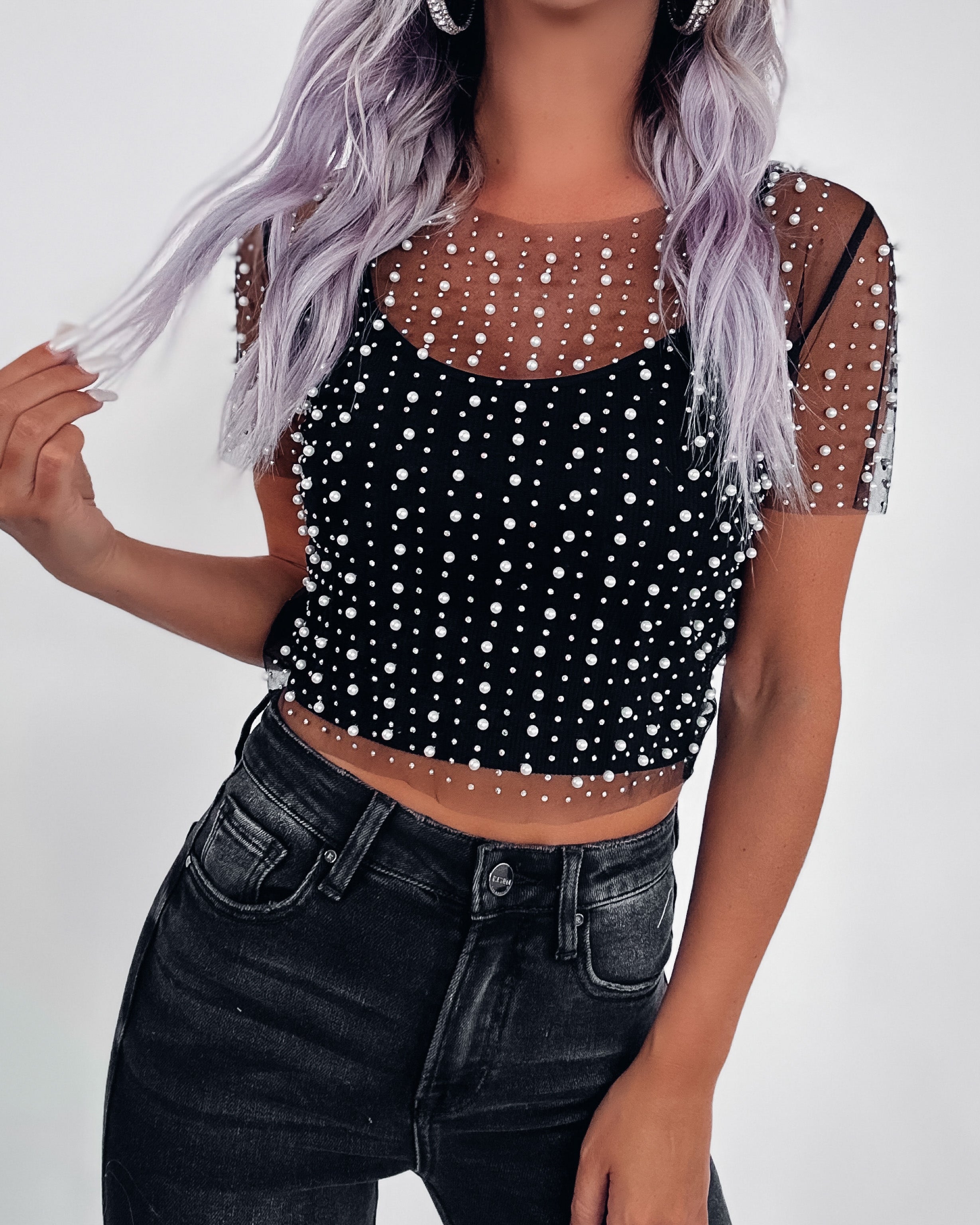 Couture Charm Pearl Mesh Top- Black