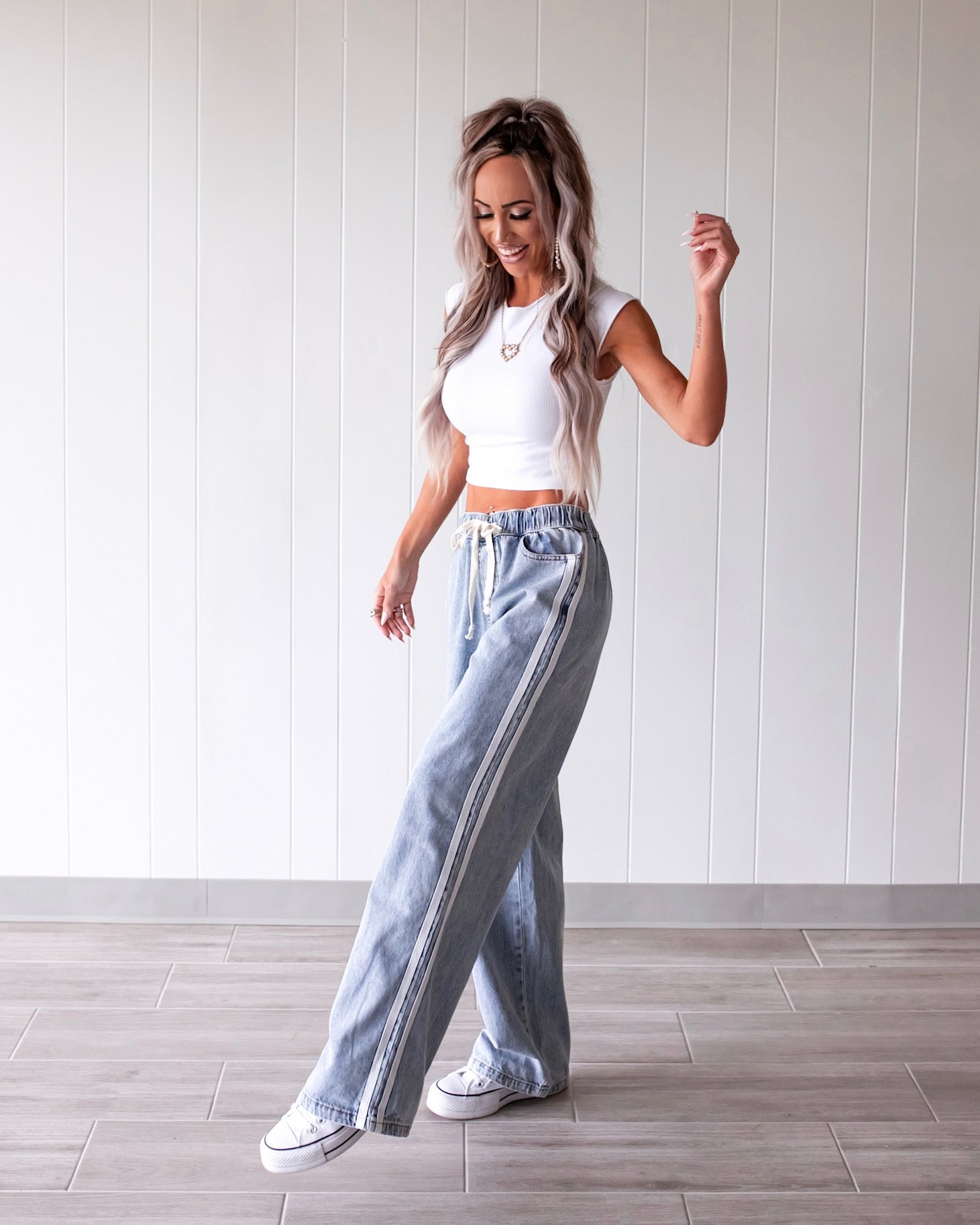 Stripe & Shine Wide Leg Denim Pants – Light Wash