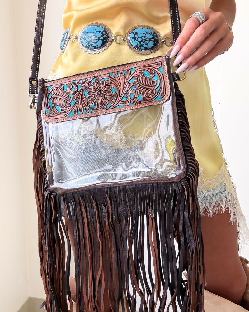 Sassy Saddle Fringe Bag - Brown/Turquoise