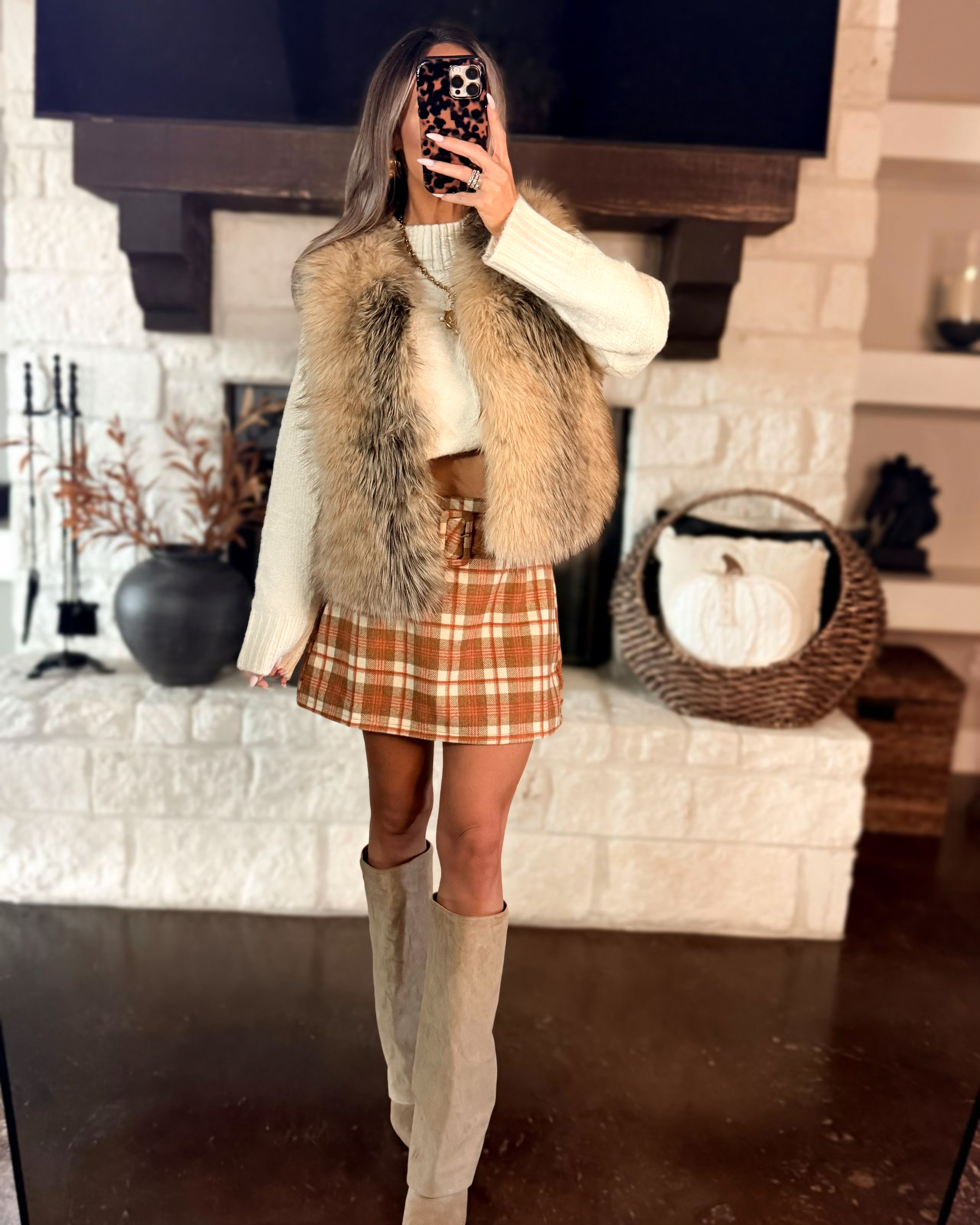 Fall Favorite Plaid Buckle Mini Skort - Ivory/Brown