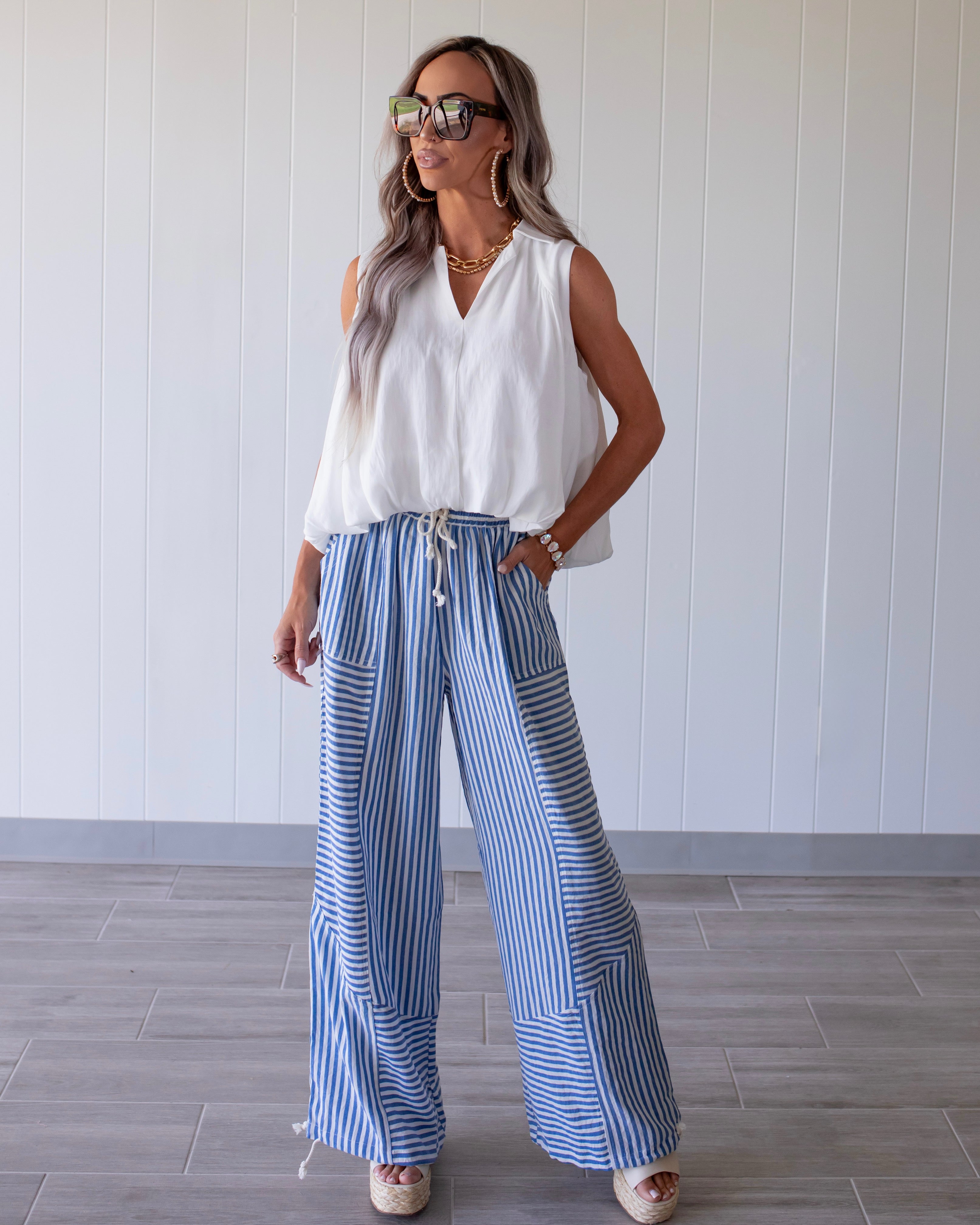 Girly Stripe Patchwork Joggers - Blue