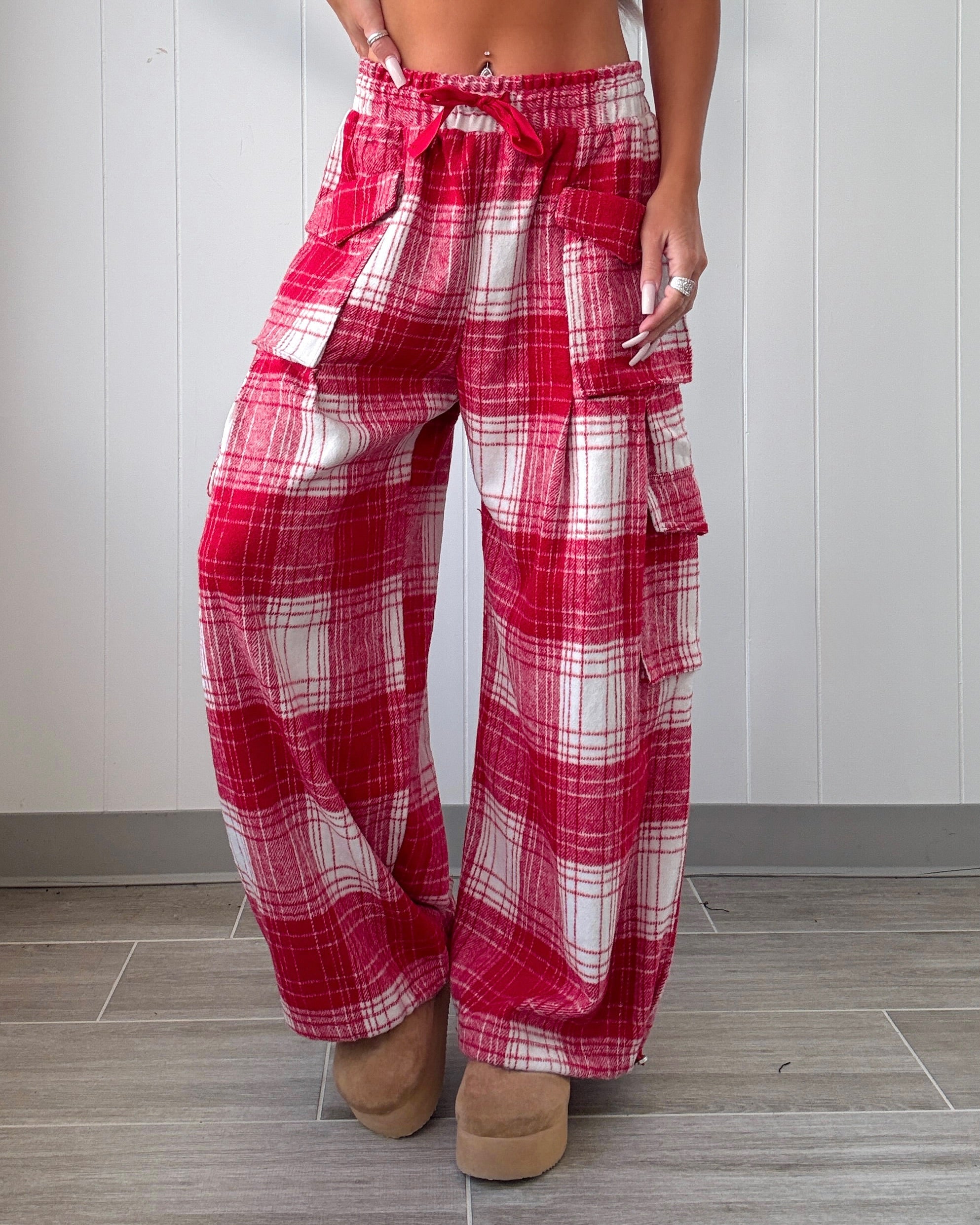 Christmas Morning Fleece Plaid Pants - Ivory/Red