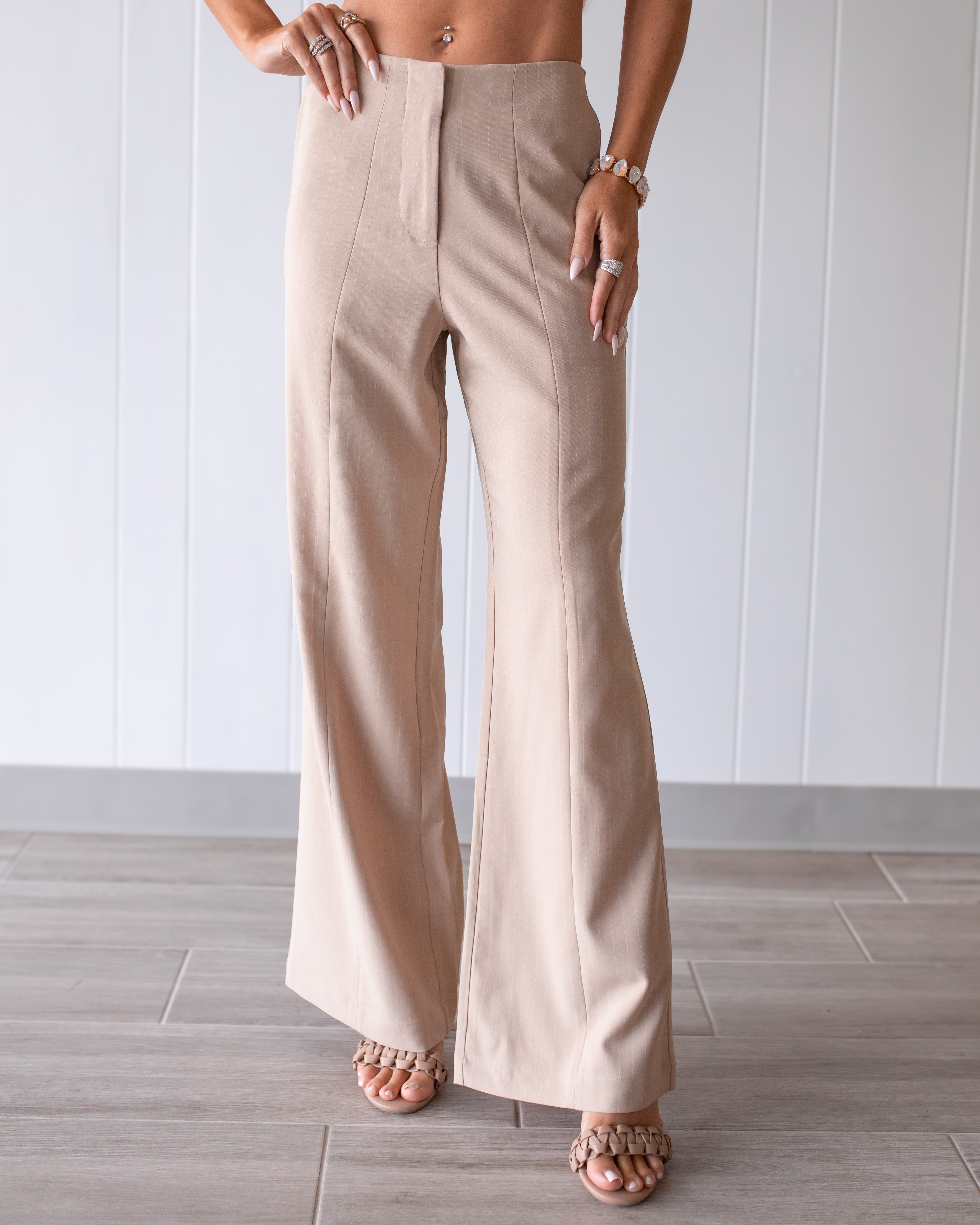 Valencia Pinstripe Wide Leg Trousers - Taupe