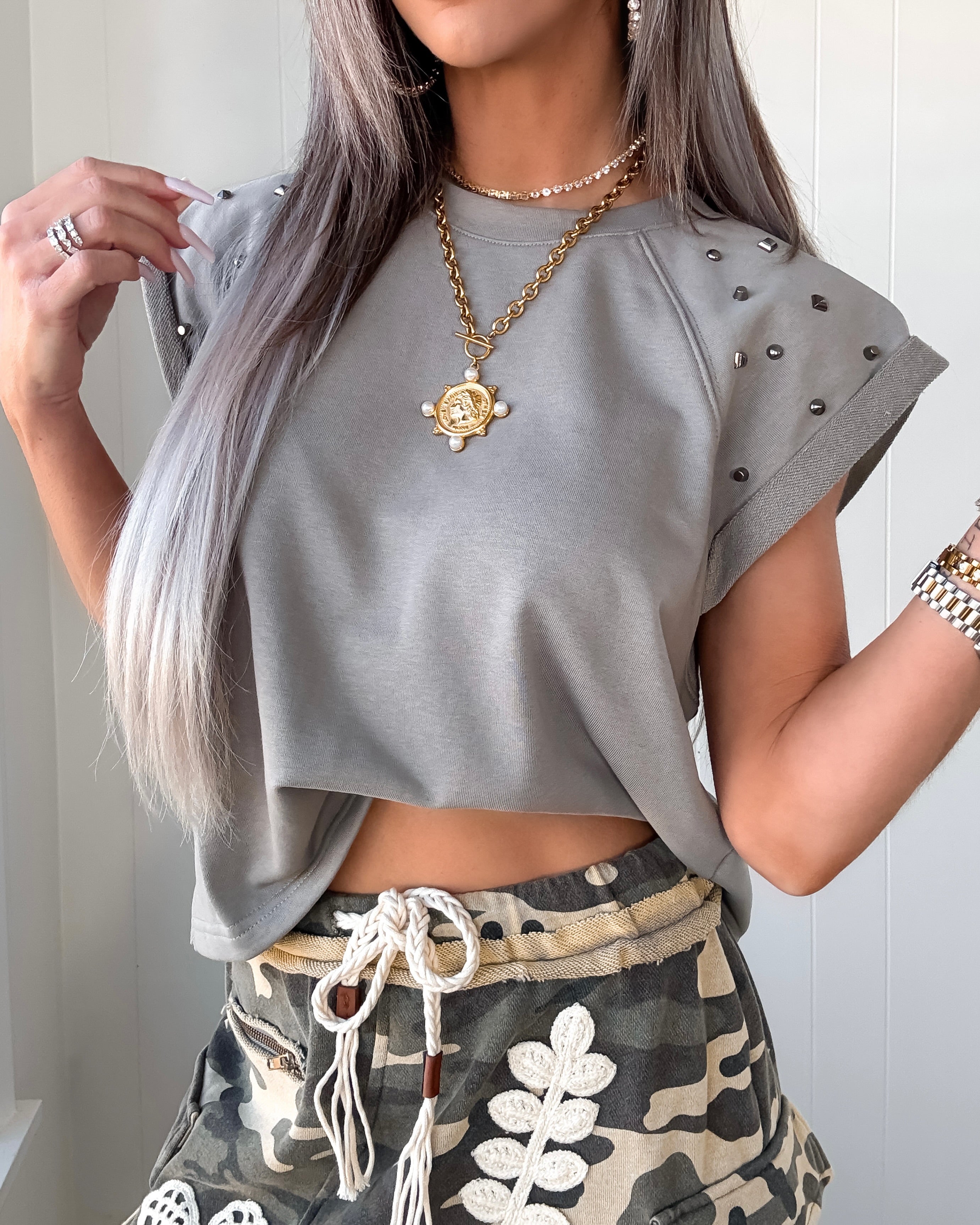 Studded Sweetheart Top - Grey