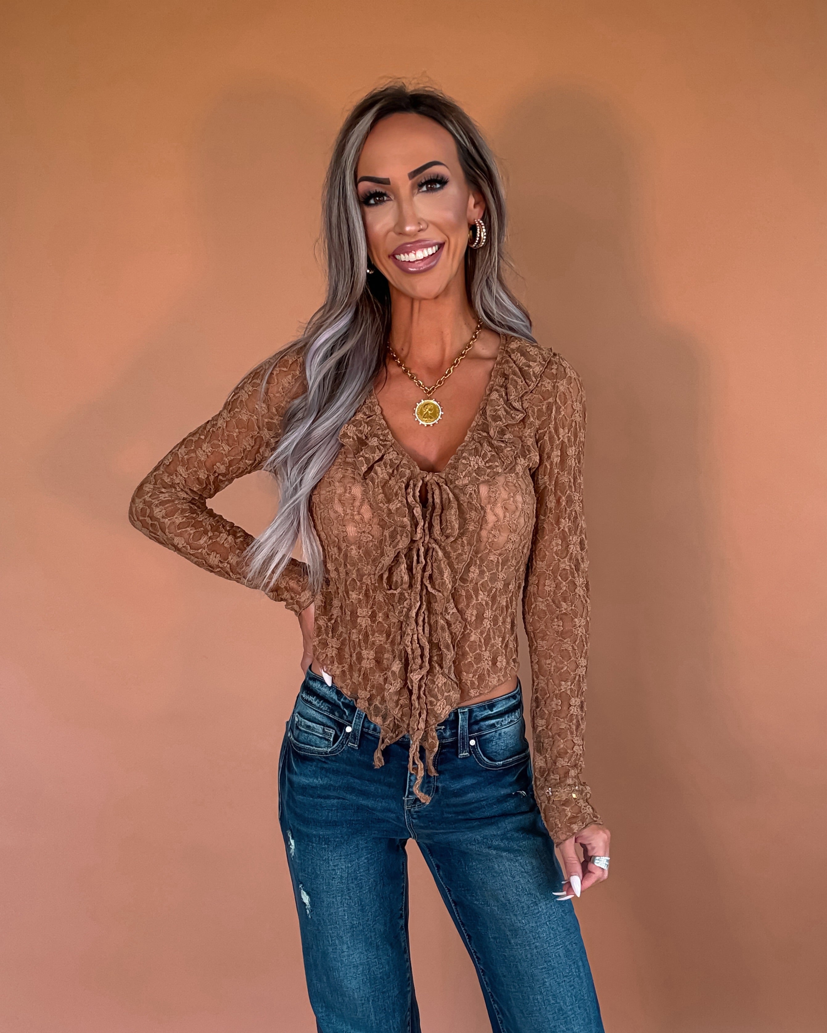 Lace Me Up Sheer Tie Top - Taupe