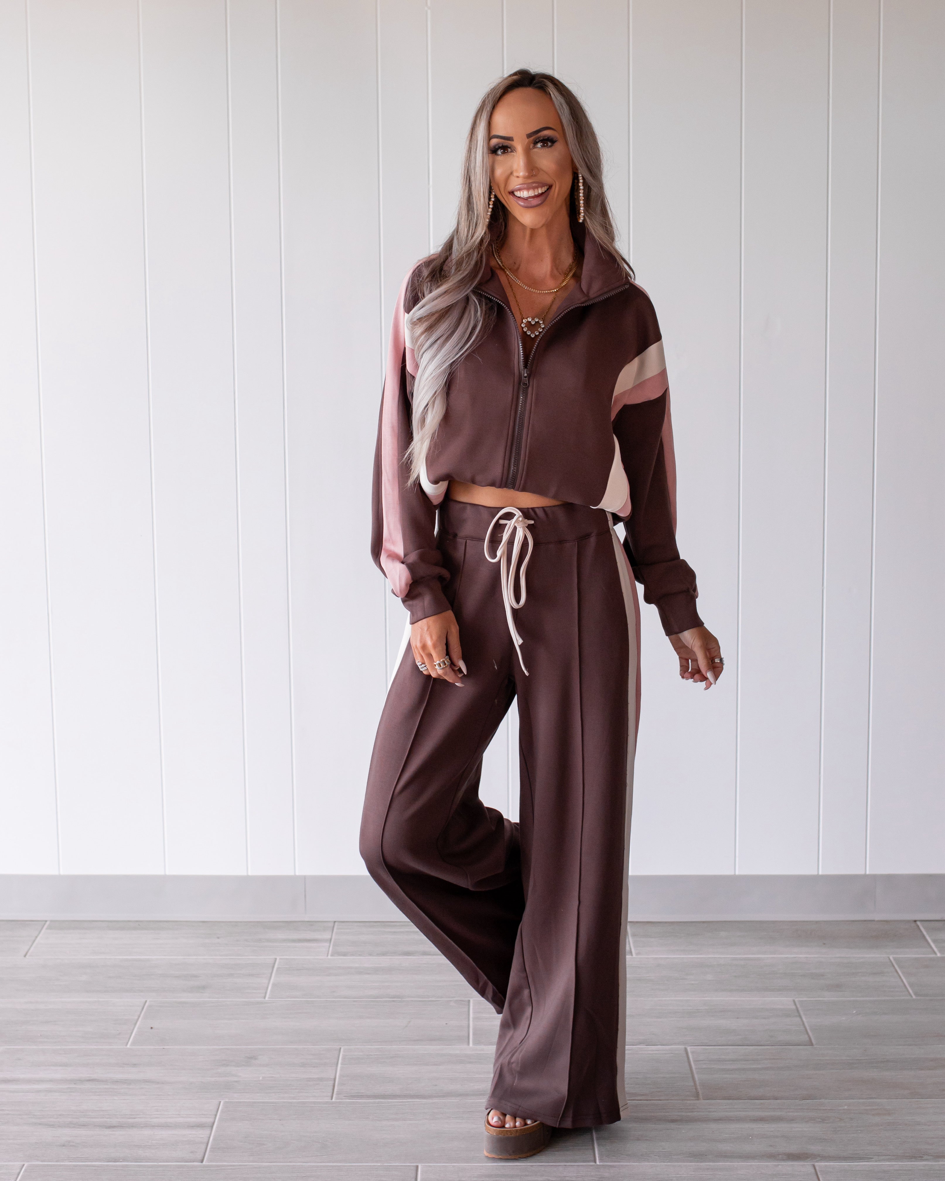 Latte Love Stripe Zip Up Jacket - Brown/Pink