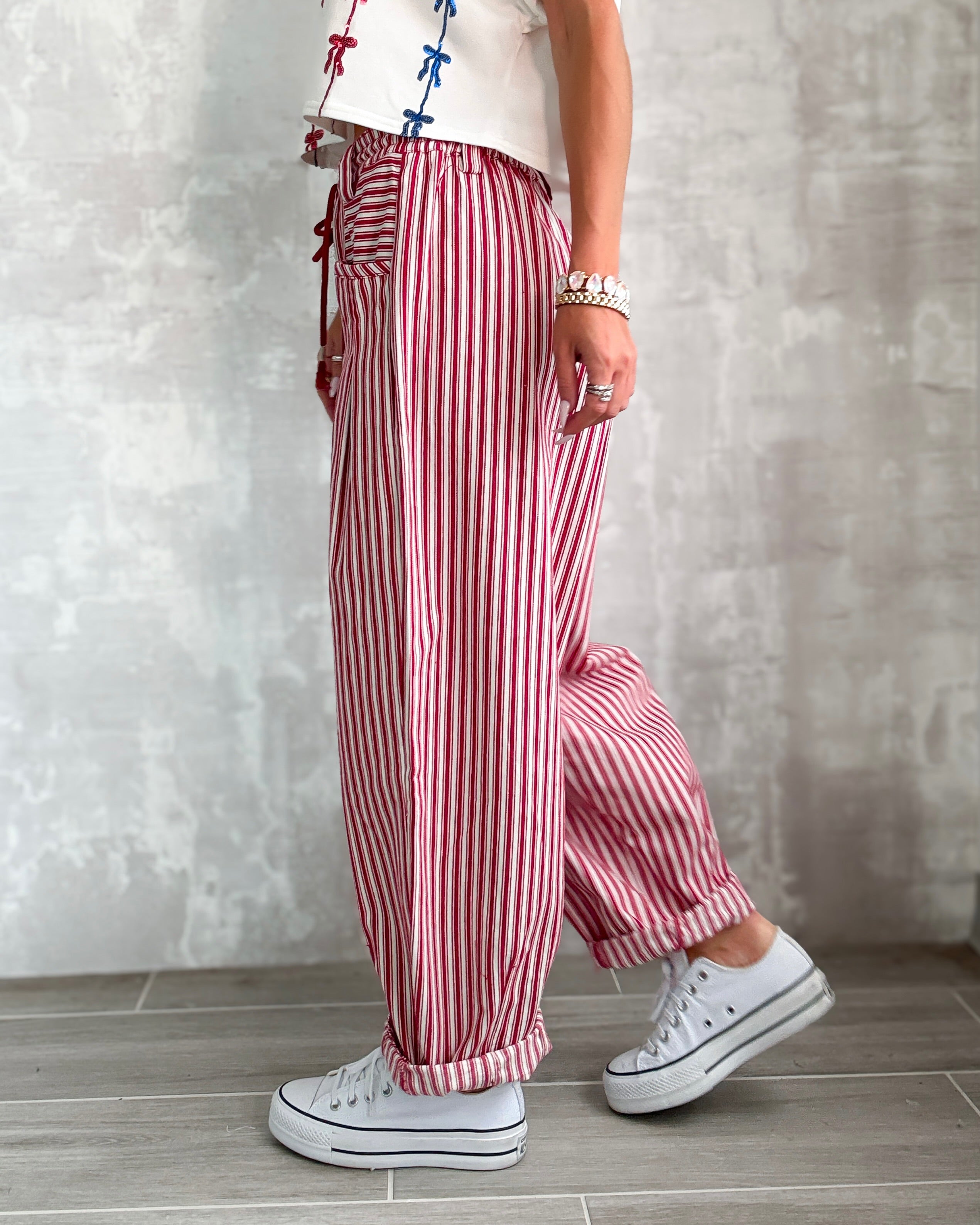 Americana Dream Striped Barrel Jeans - Red