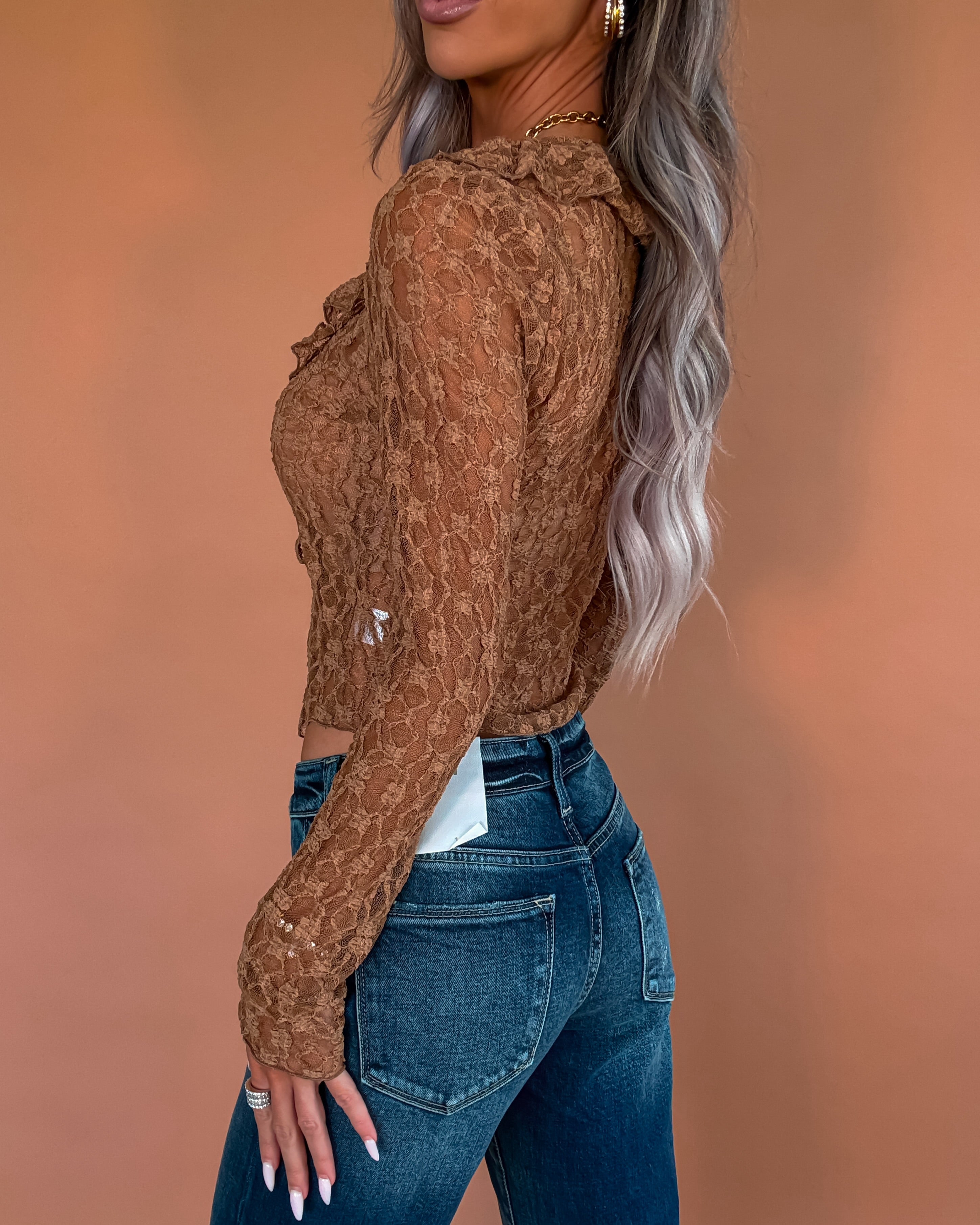Lace Me Up Sheer Tie Top - Taupe