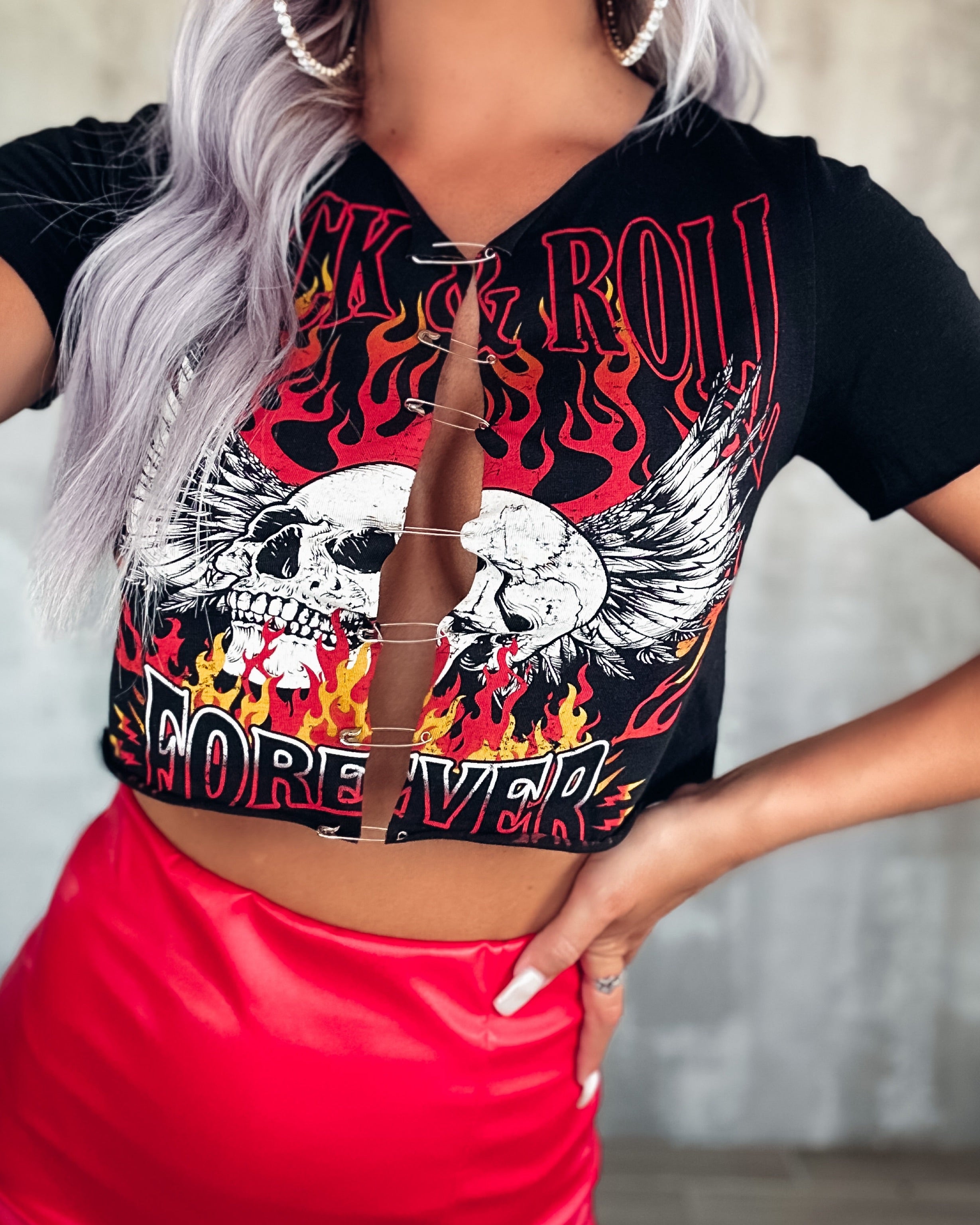 Rock & Roll Forever Pinned Crop Top - Black