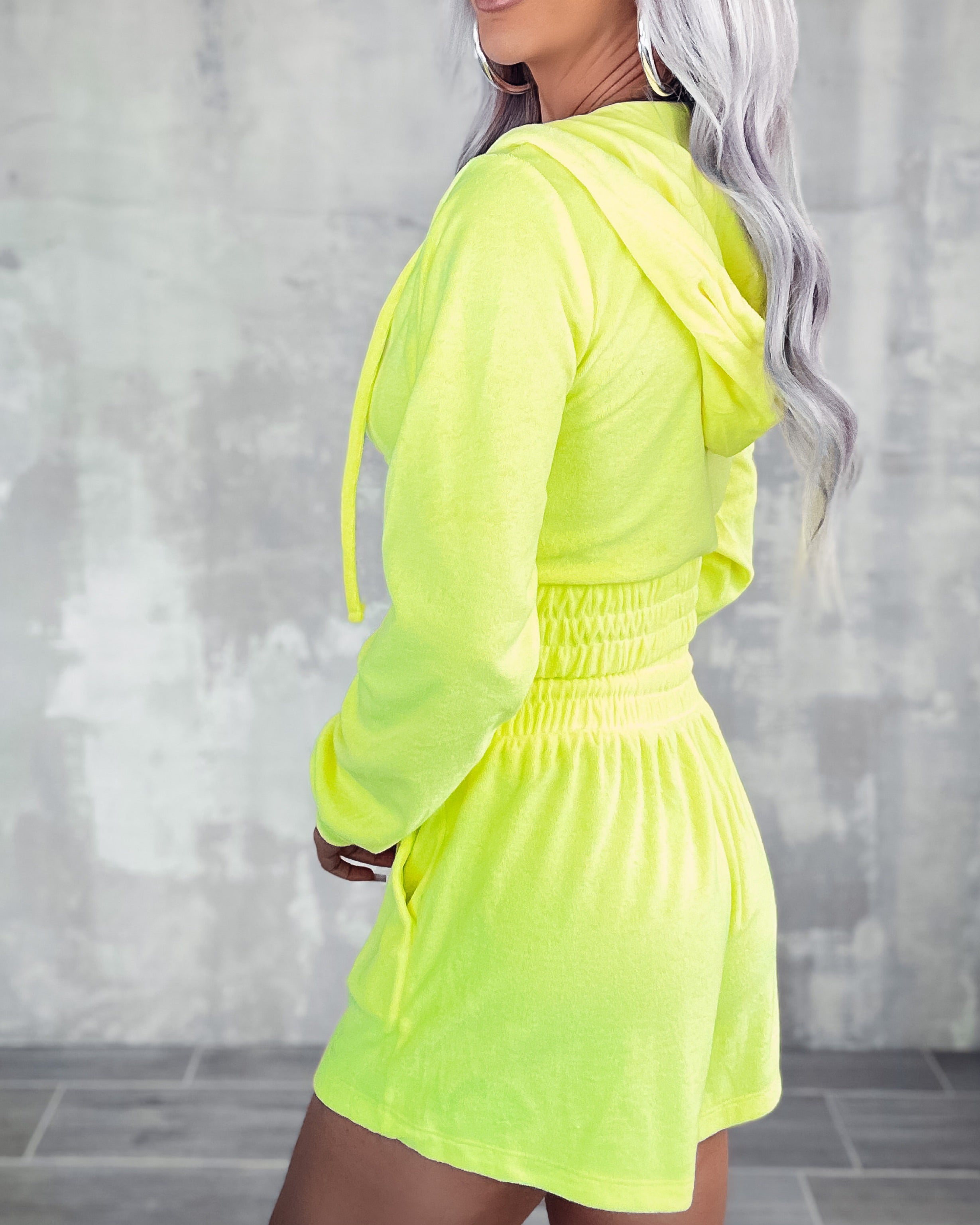 Plush Terry Crop Hoodie and Shorts Set - Neon Yellow