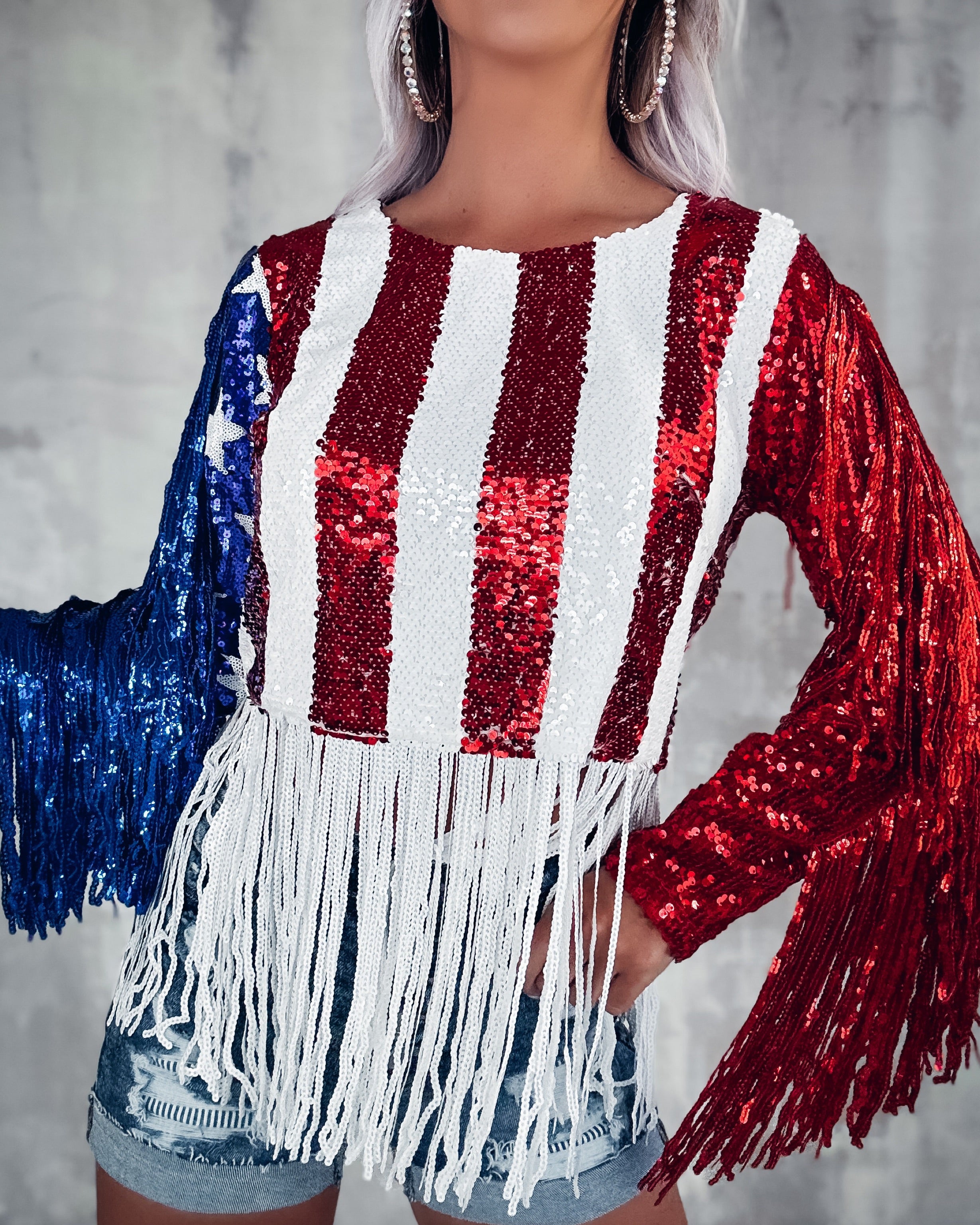 American Fringe Sequin Crop Top - Red/White/Blue