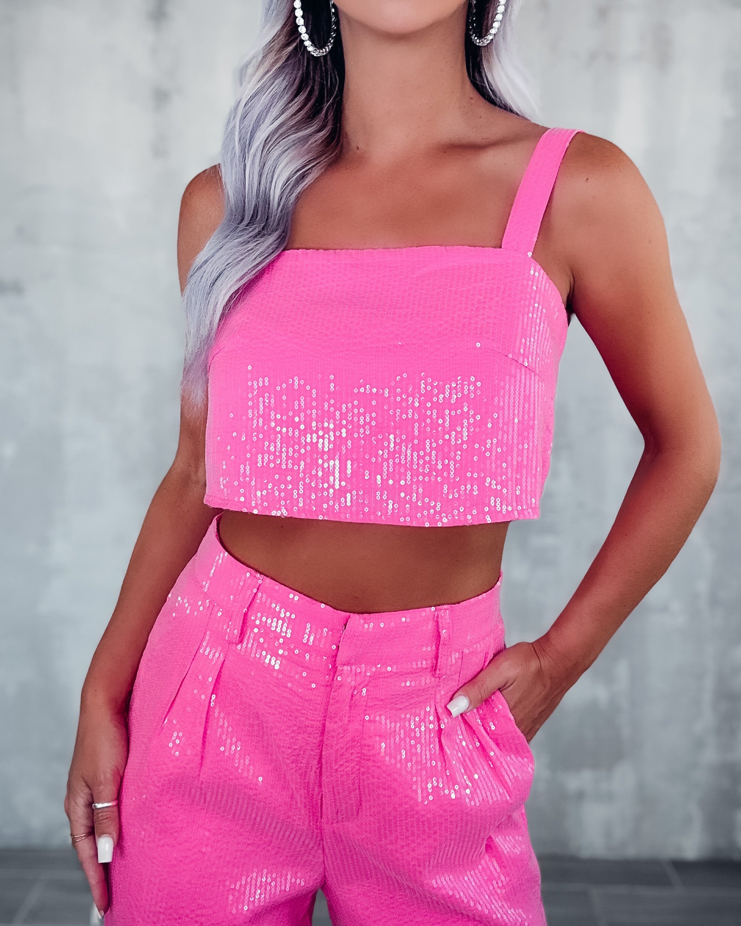 Sparkle In Style Crop Top & Wide Leg Pants Set - Pink