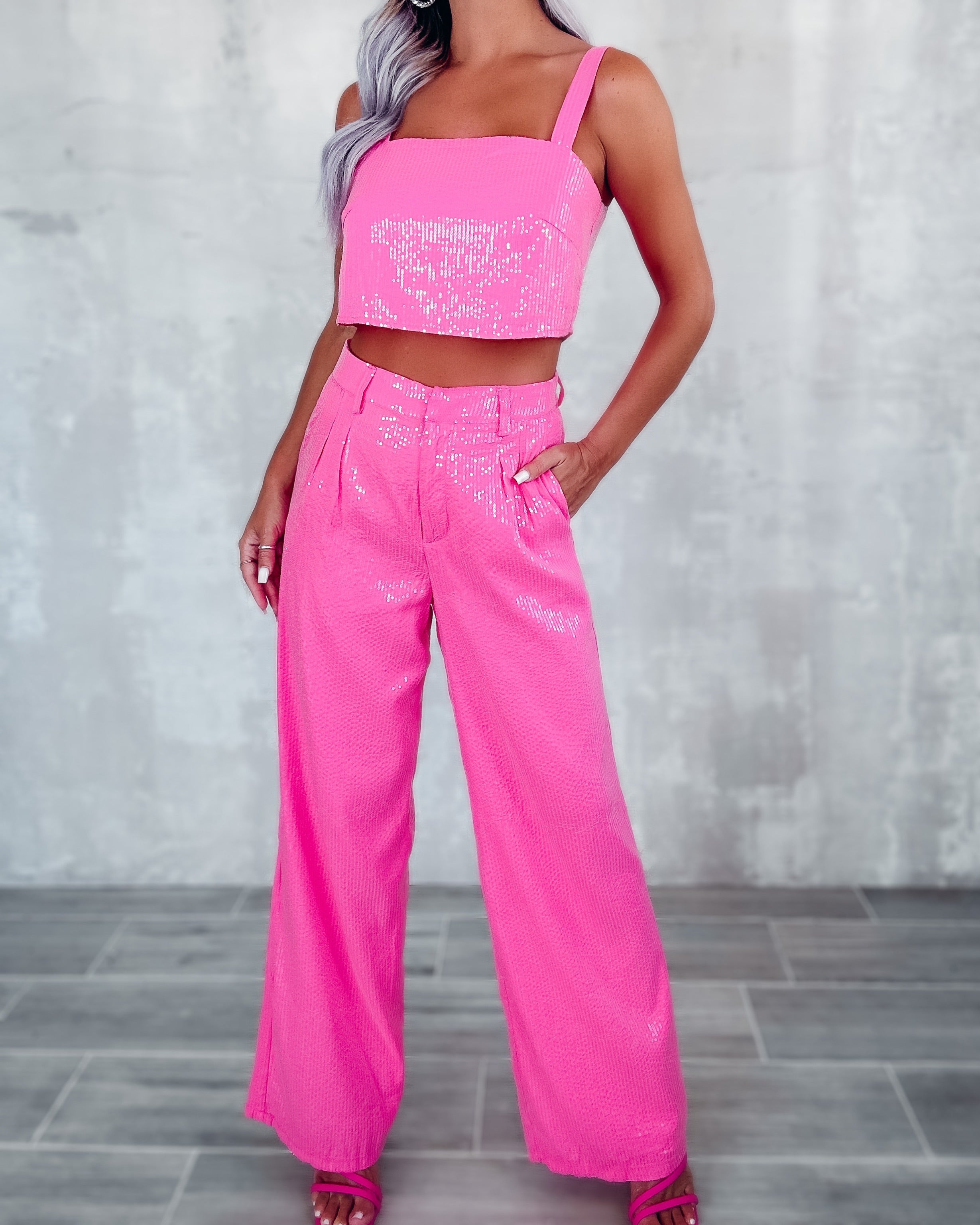 Sparkle In Style Crop Top & Wide Leg Pants Set - Pink