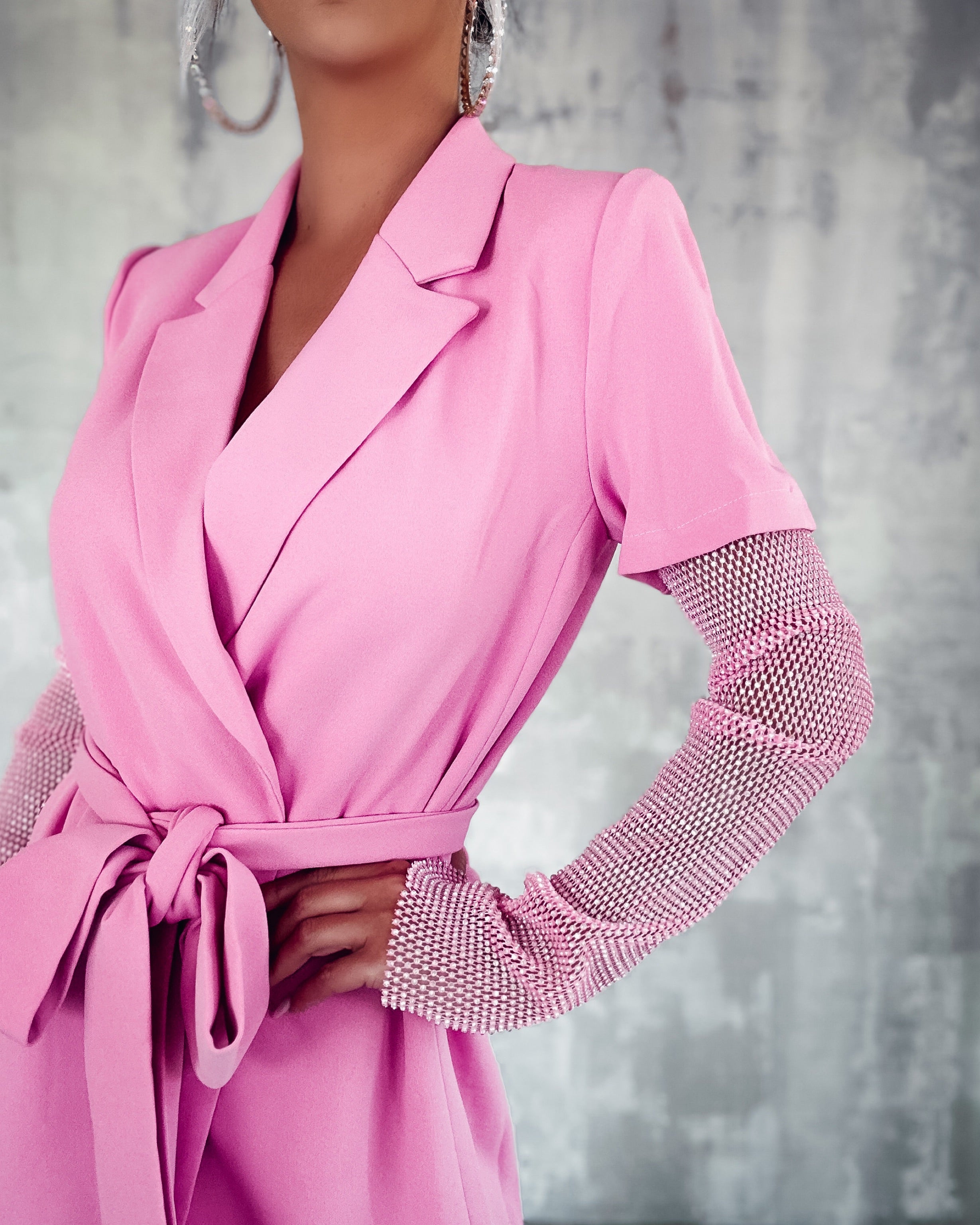 Glittering Mesh Sleeve Blazer Dress - Pink