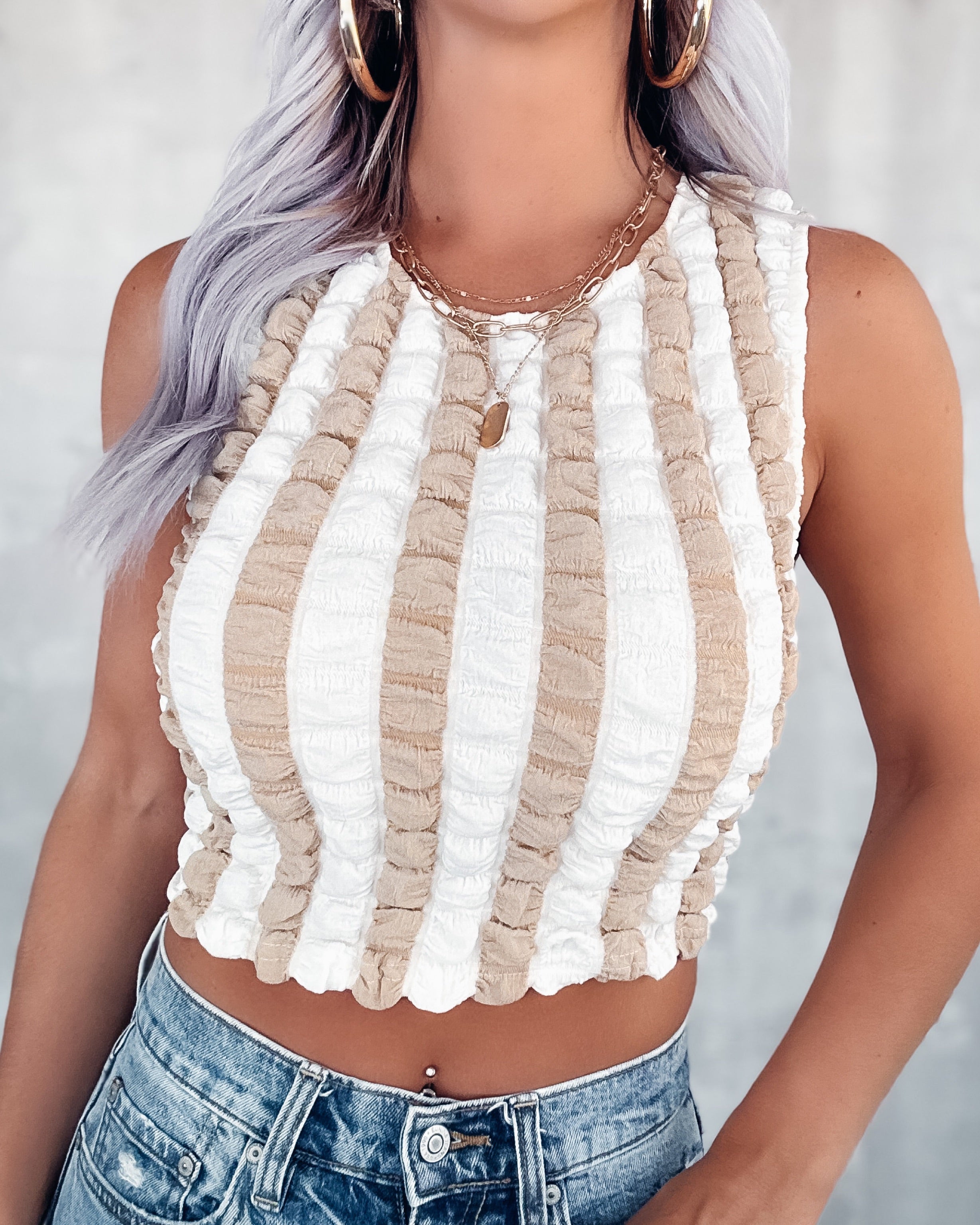 Textured Bliss Sleeveless Top - White/Taupe